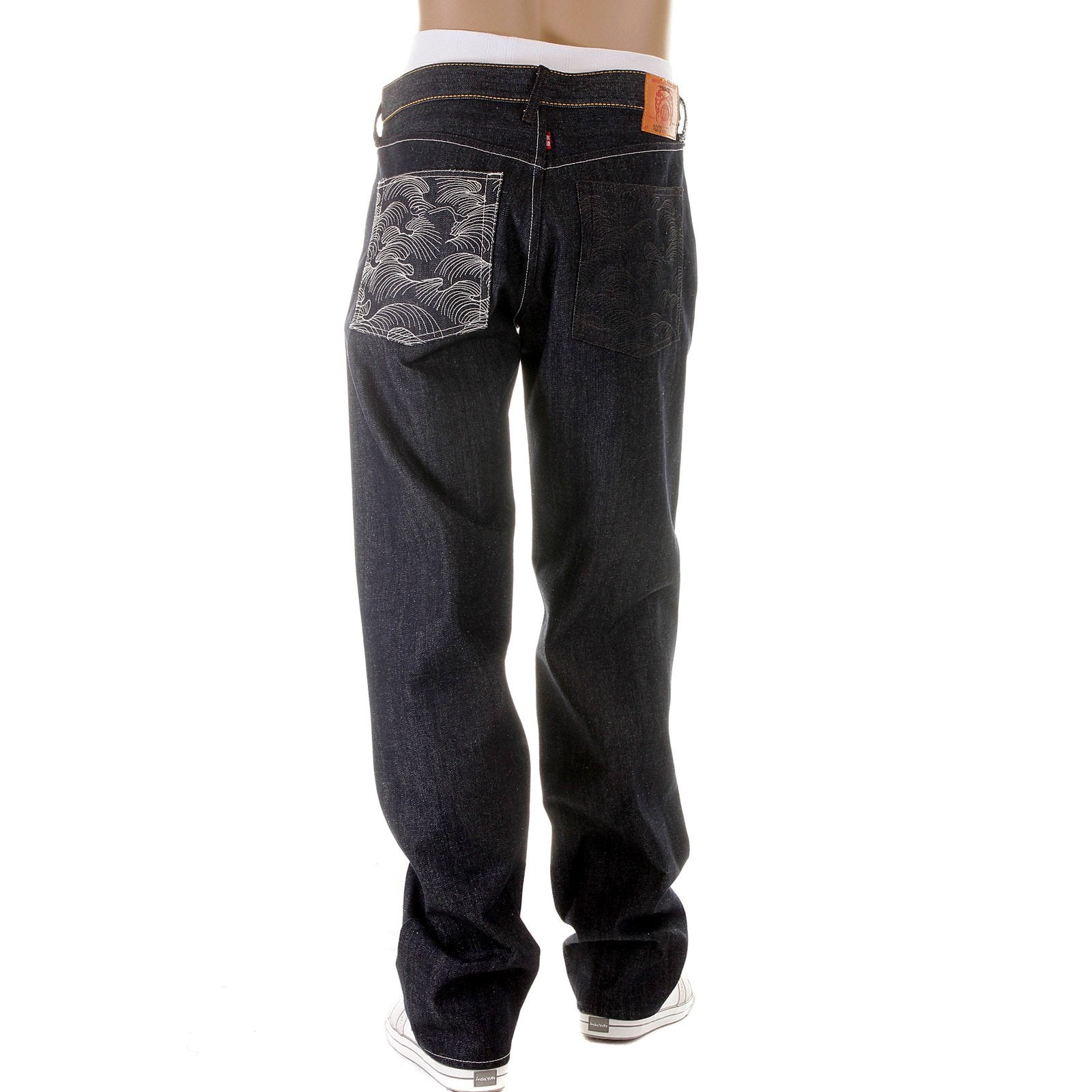 RMC JEANS DARK INDIGO VINTAGE CUT RAW DENIM JEANS WITH MAD PATCH OFF WHITE AND CHARCOAL EMBROIDERY REDM3133