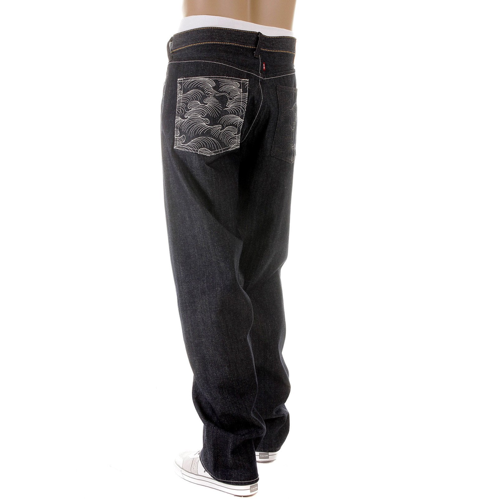 RMC JEANS DARK INDIGO VINTAGE CUT RAW DENIM JEANS WITH MAD PATCH OFF WHITE AND CHARCOAL EMBROIDERY REDM3133