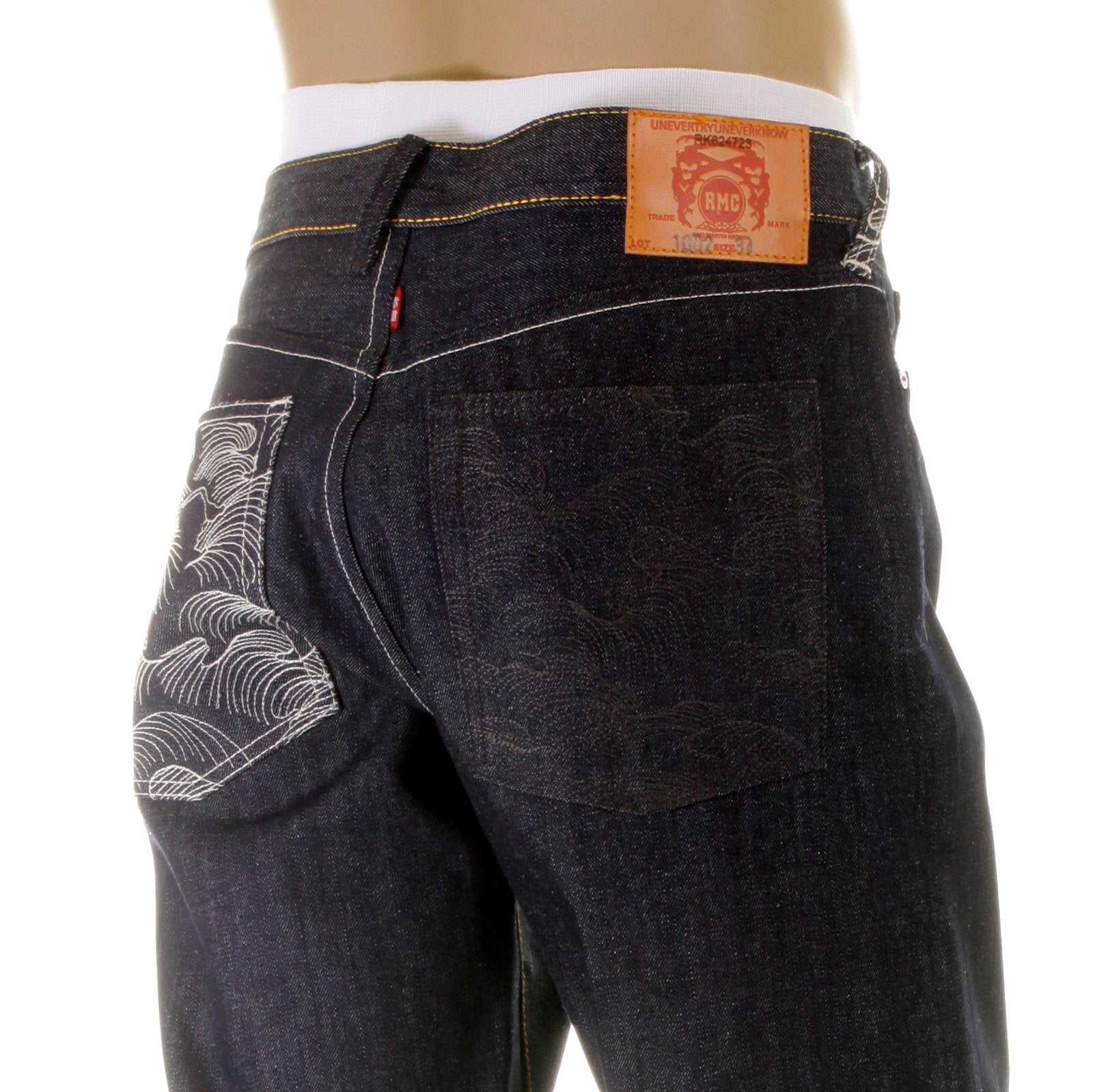 RMC JEANS DARK INDIGO VINTAGE CUT RAW DENIM JEANS WITH MAD PATCH OFF WHITE AND CHARCOAL EMBROIDERY REDM3133