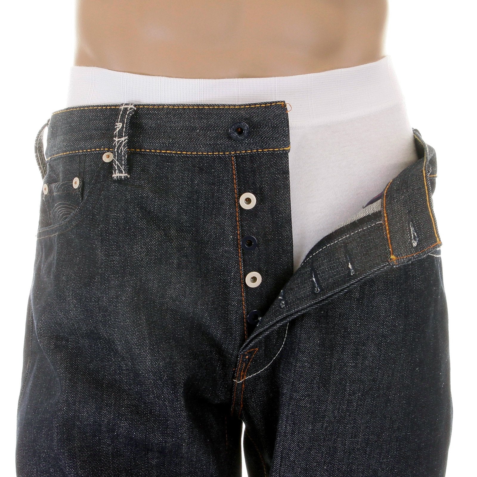 RMC JEANS DARK INDIGO VINTAGE CUT RAW DENIM JEANS WITH MAD PATCH OFF WHITE AND CHARCOAL EMBROIDERY REDM3133