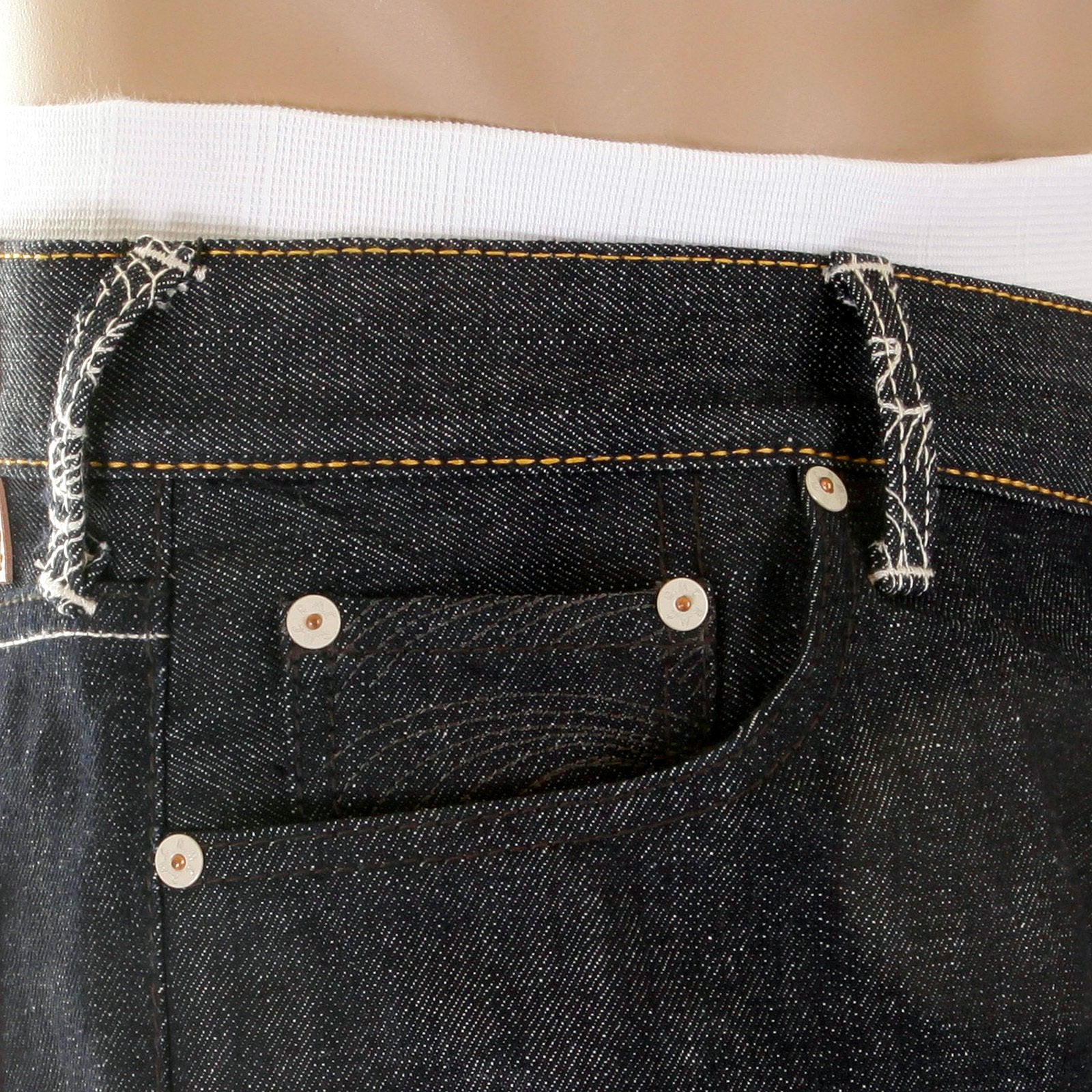 RMC JEANS DARK INDIGO VINTAGE CUT RAW DENIM JEANS WITH MAD PATCH OFF WHITE AND CHARCOAL EMBROIDERY REDM3133
