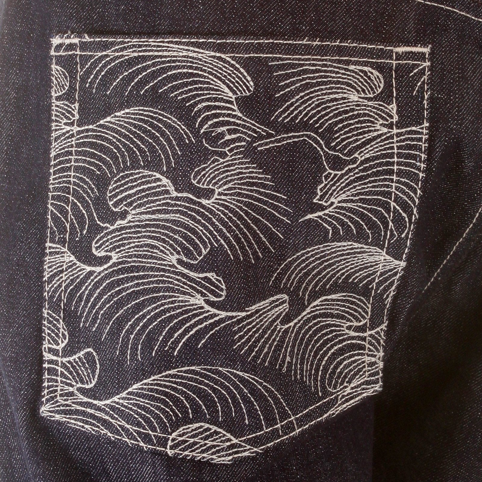 RMC JEANS DARK INDIGO VINTAGE CUT RAW DENIM JEANS WITH MAD PATCH OFF WHITE AND CHARCOAL EMBROIDERY REDM3133