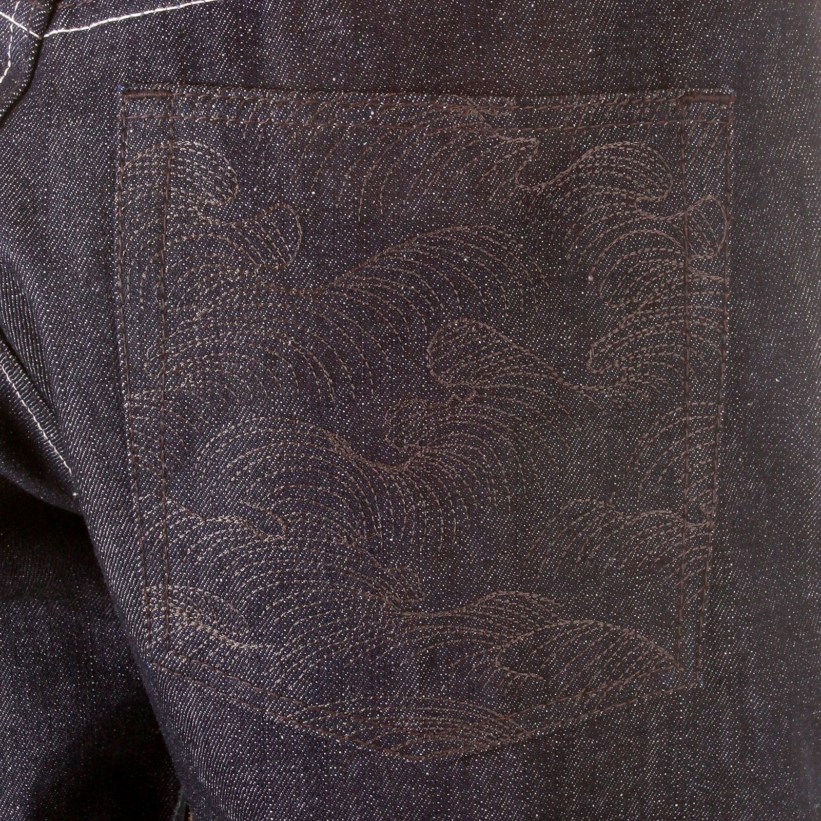 RMC JEANS DARK INDIGO VINTAGE CUT RAW DENIM JEANS WITH MAD PATCH OFF WHITE AND CHARCOAL EMBROIDERY REDM3133