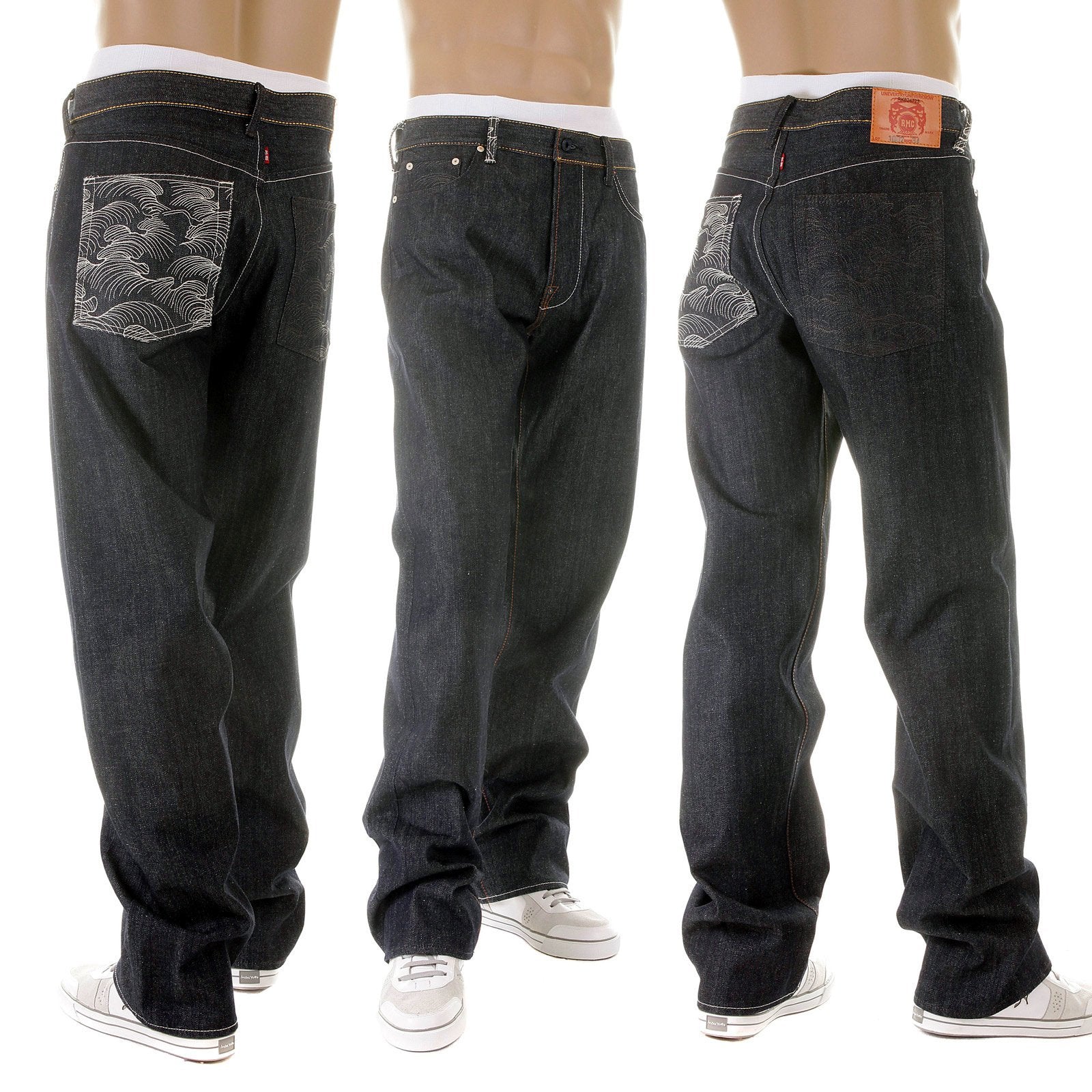 RMC JEANS DARK INDIGO VINTAGE CUT RAW DENIM JEANS WITH MAD PATCH OFF WHITE AND CHARCOAL EMBROIDERY REDM3133
