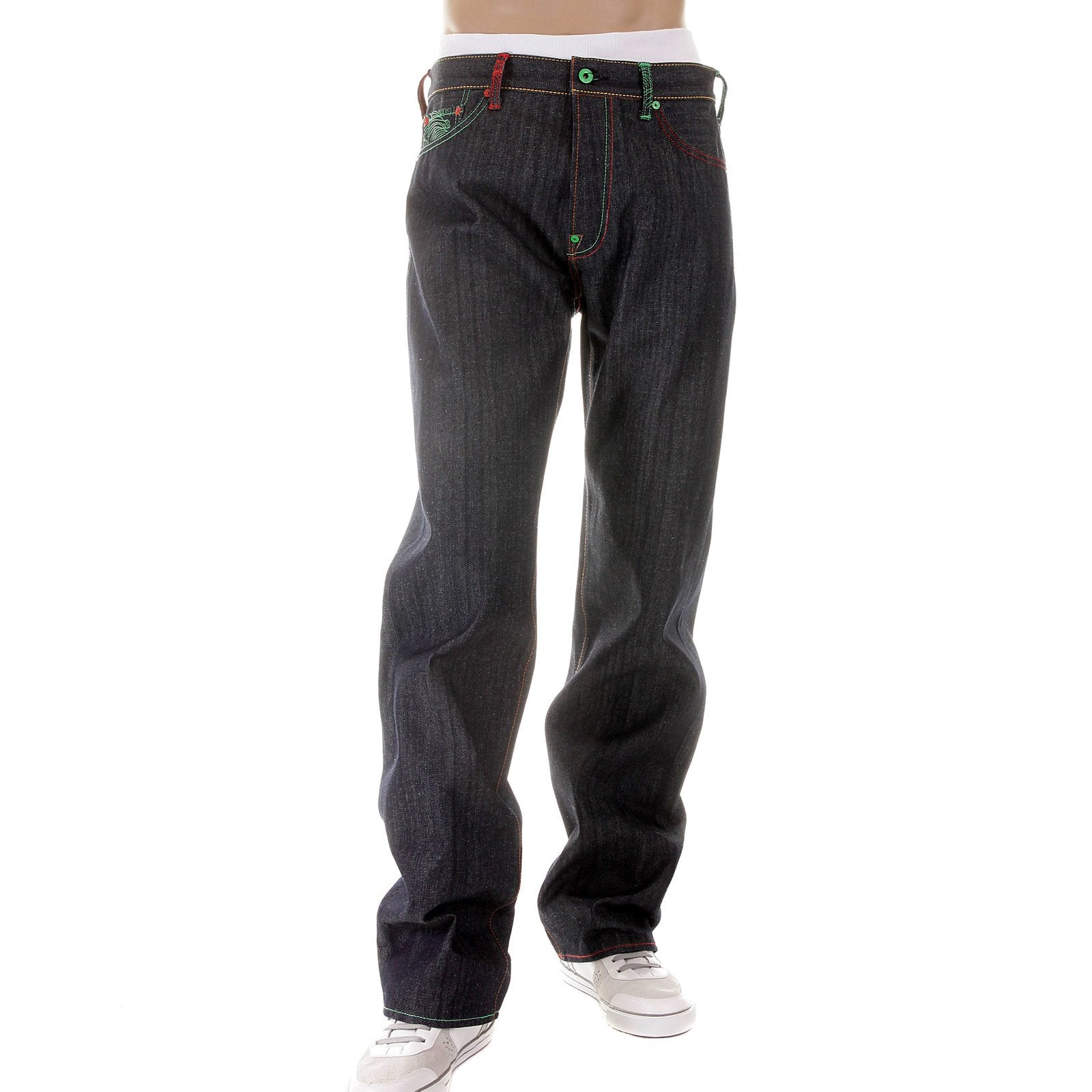RMC MARTIN KSOHOH MAD PATCH SCARLET AND GREEN EMBROIDERED DARK INDIGO RAW DENIM JEANS WITH VINTAGE CUT REDM3127