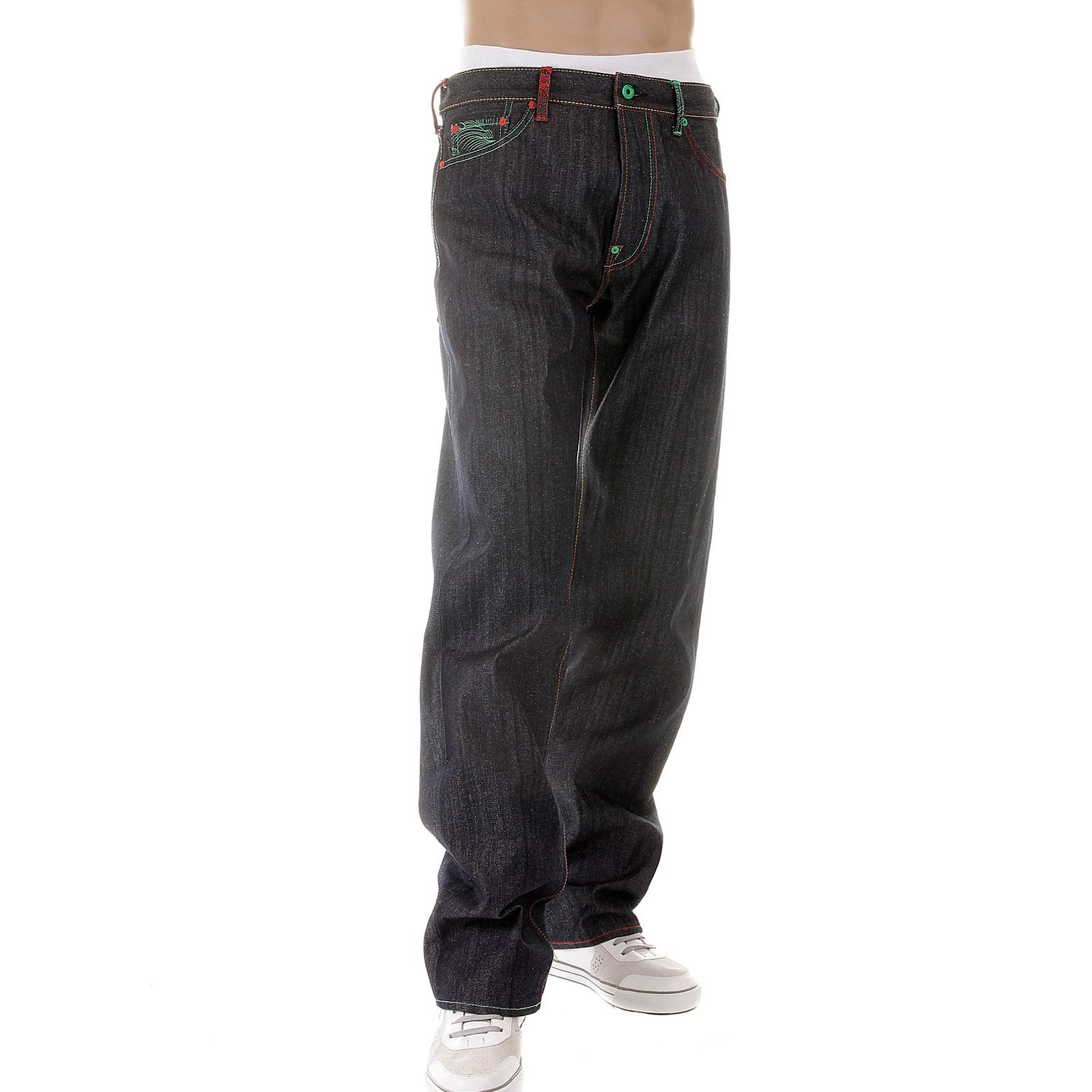 RMC MARTIN KSOHOH MAD PATCH SCARLET AND GREEN EMBROIDERED DARK INDIGO RAW DENIM JEANS WITH VINTAGE CUT REDM3127