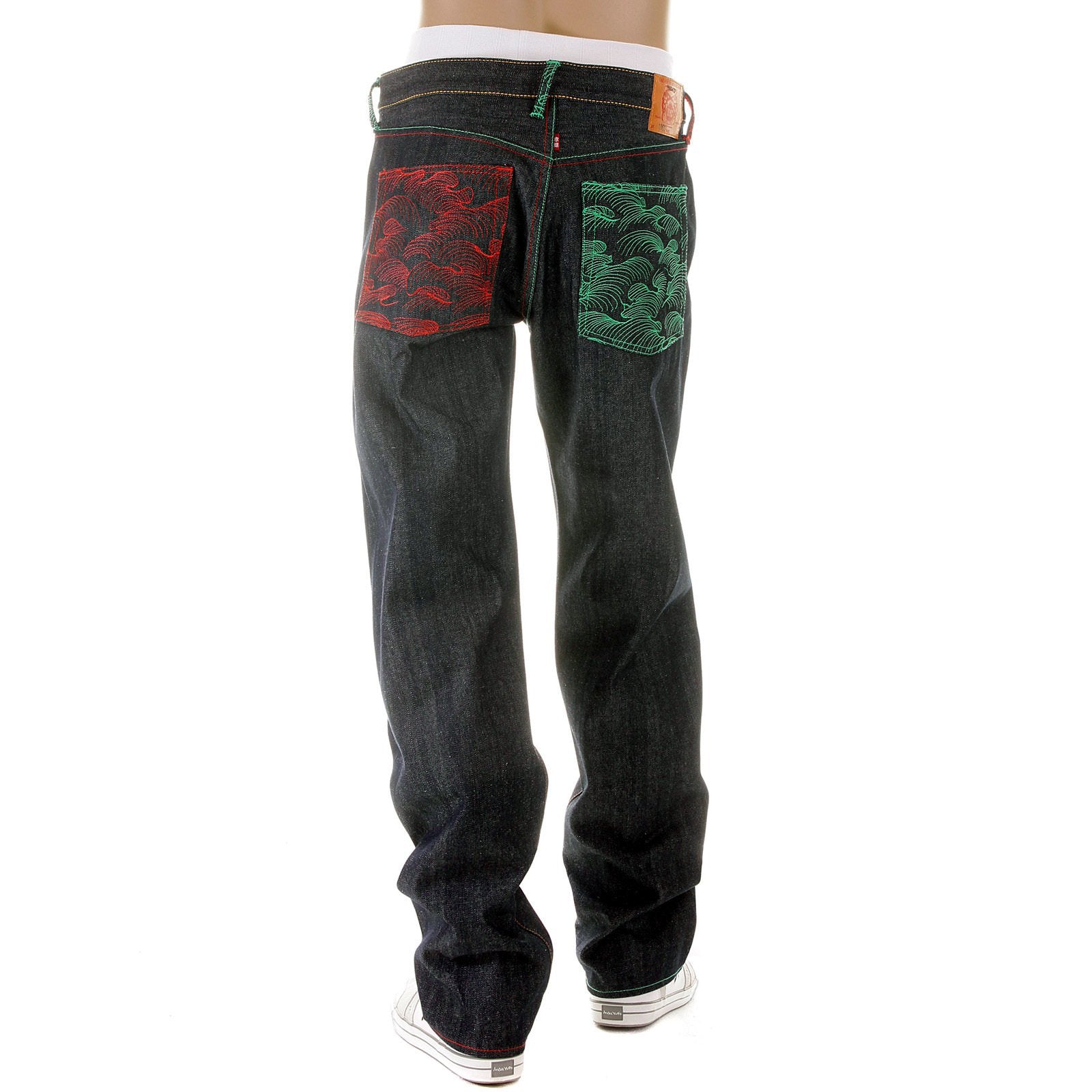 RMC MARTIN KSOHOH MAD PATCH SCARLET AND GREEN EMBROIDERED DARK INDIGO RAW DENIM JEANS WITH VINTAGE CUT REDM3127