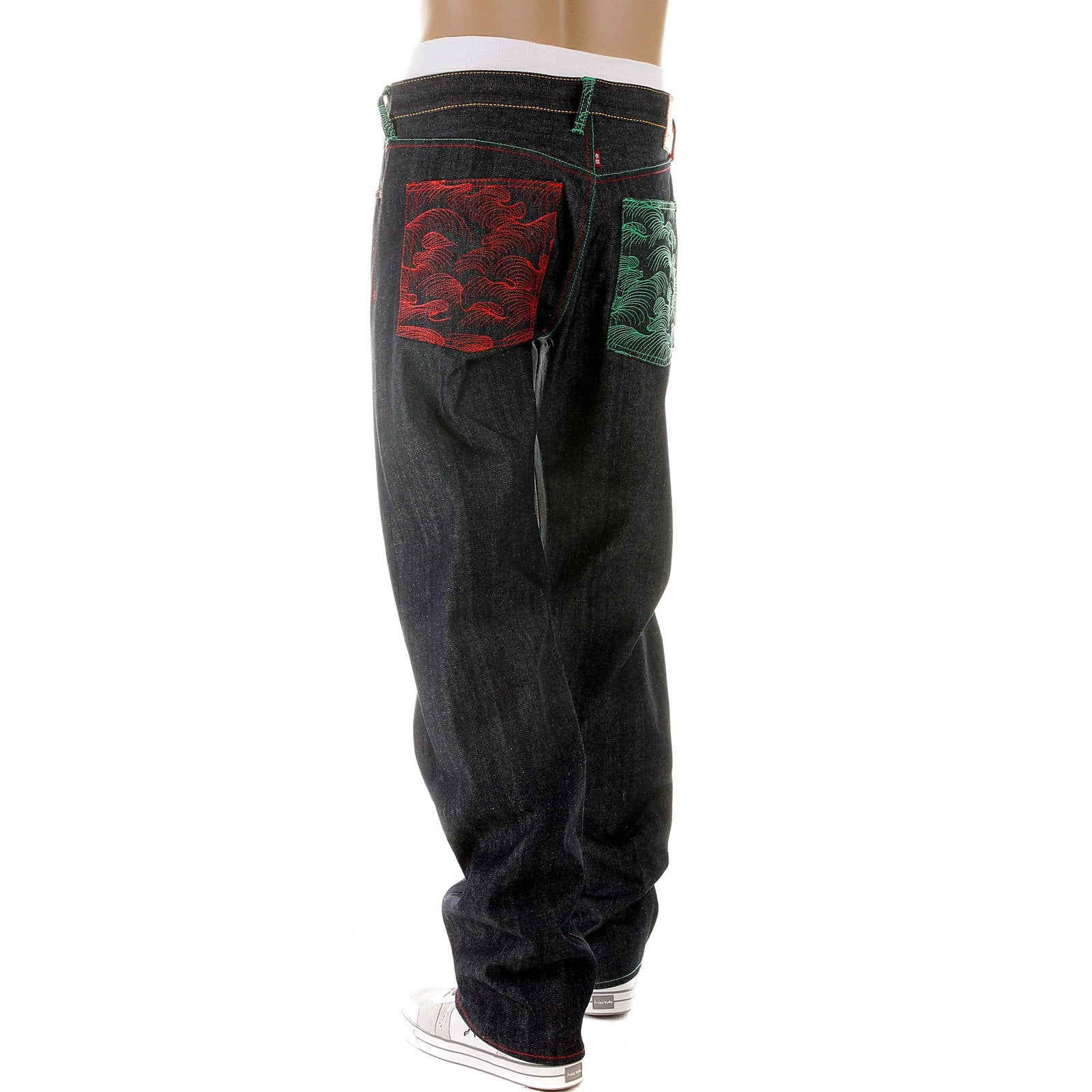 RMC MARTIN KSOHOH MAD PATCH SCARLET AND GREEN EMBROIDERED DARK INDIGO RAW DENIM JEANS WITH VINTAGE CUT REDM3127