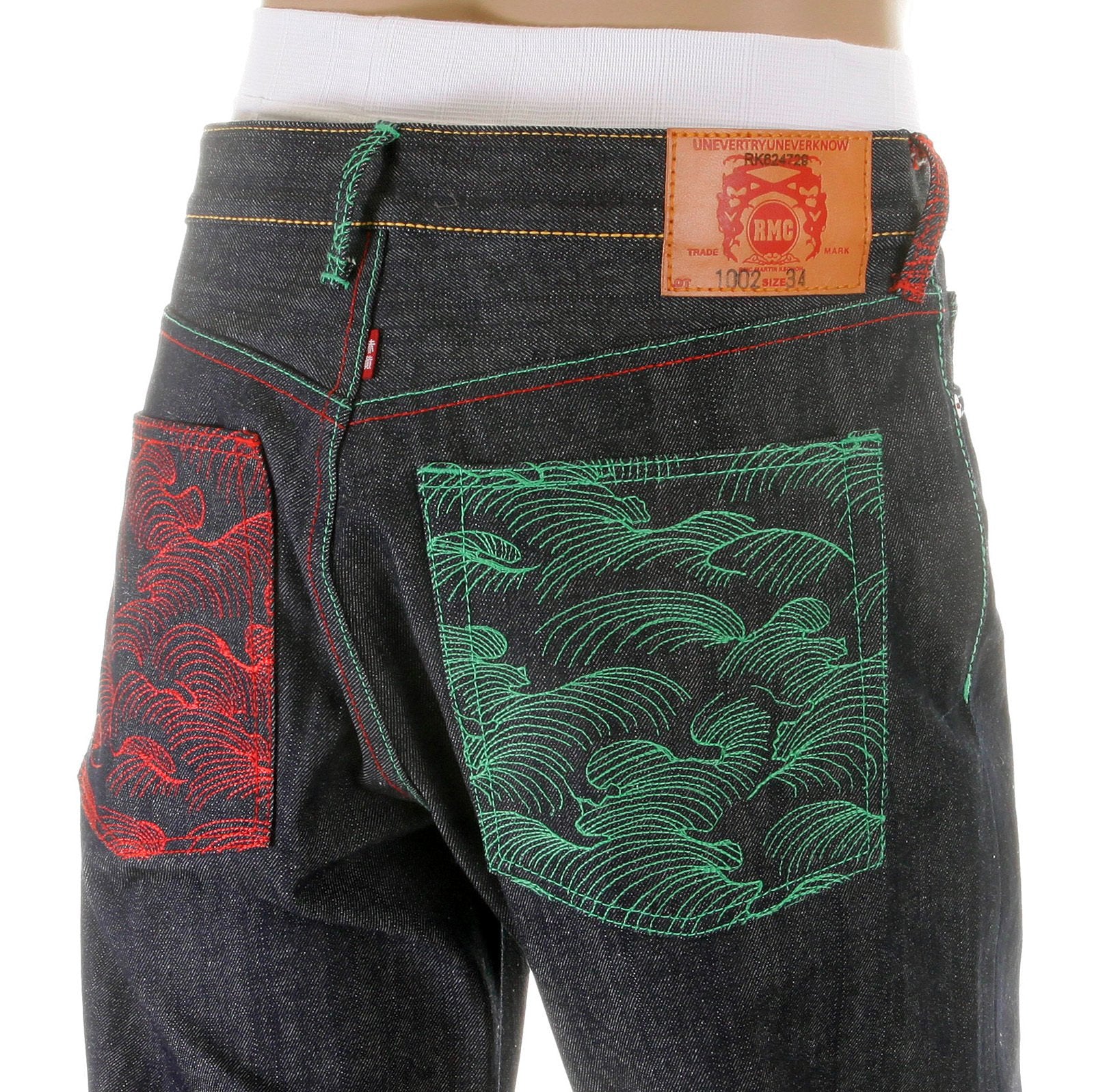 RMC MARTIN KSOHOH MAD PATCH SCARLET AND GREEN EMBROIDERED DARK INDIGO RAW DENIM JEANS WITH VINTAGE CUT REDM3127