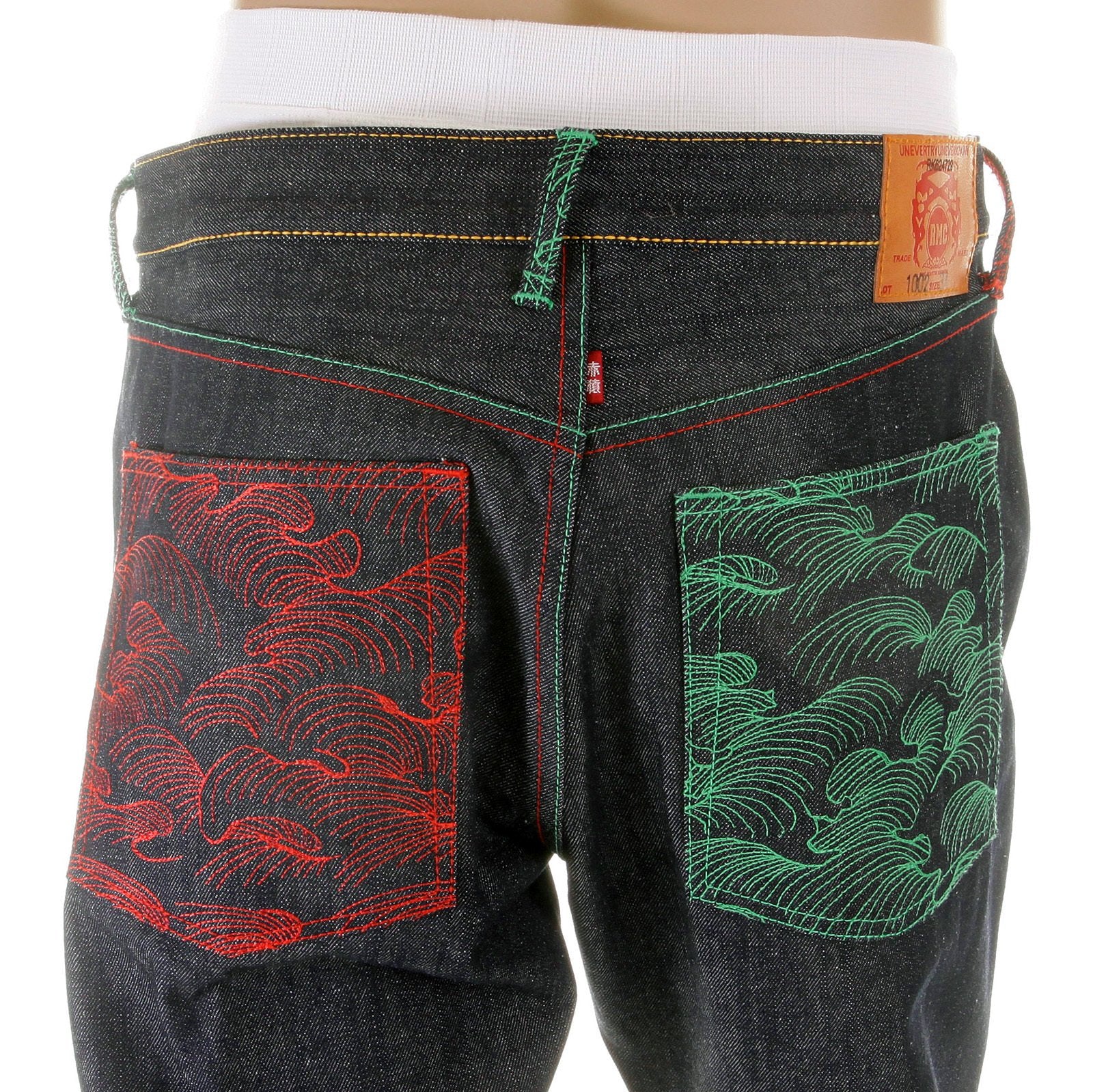 RMC MARTIN KSOHOH MAD PATCH SCARLET AND GREEN EMBROIDERED DARK INDIGO RAW DENIM JEANS WITH VINTAGE CUT REDM3127