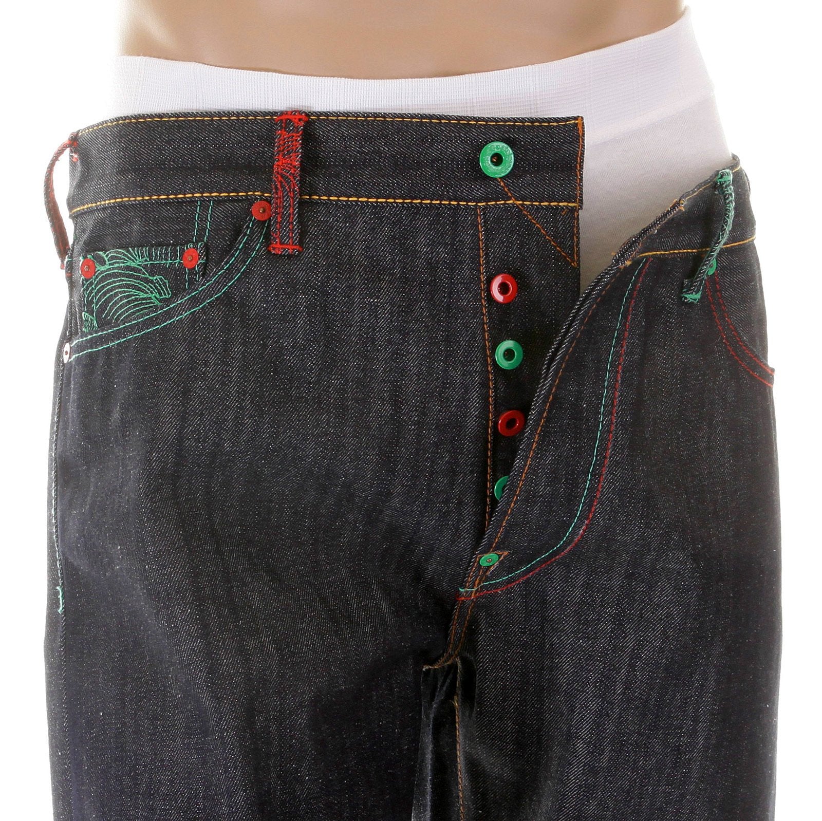RMC MARTIN KSOHOH MAD PATCH SCARLET AND GREEN EMBROIDERED DARK INDIGO RAW DENIM JEANS WITH VINTAGE CUT REDM3127