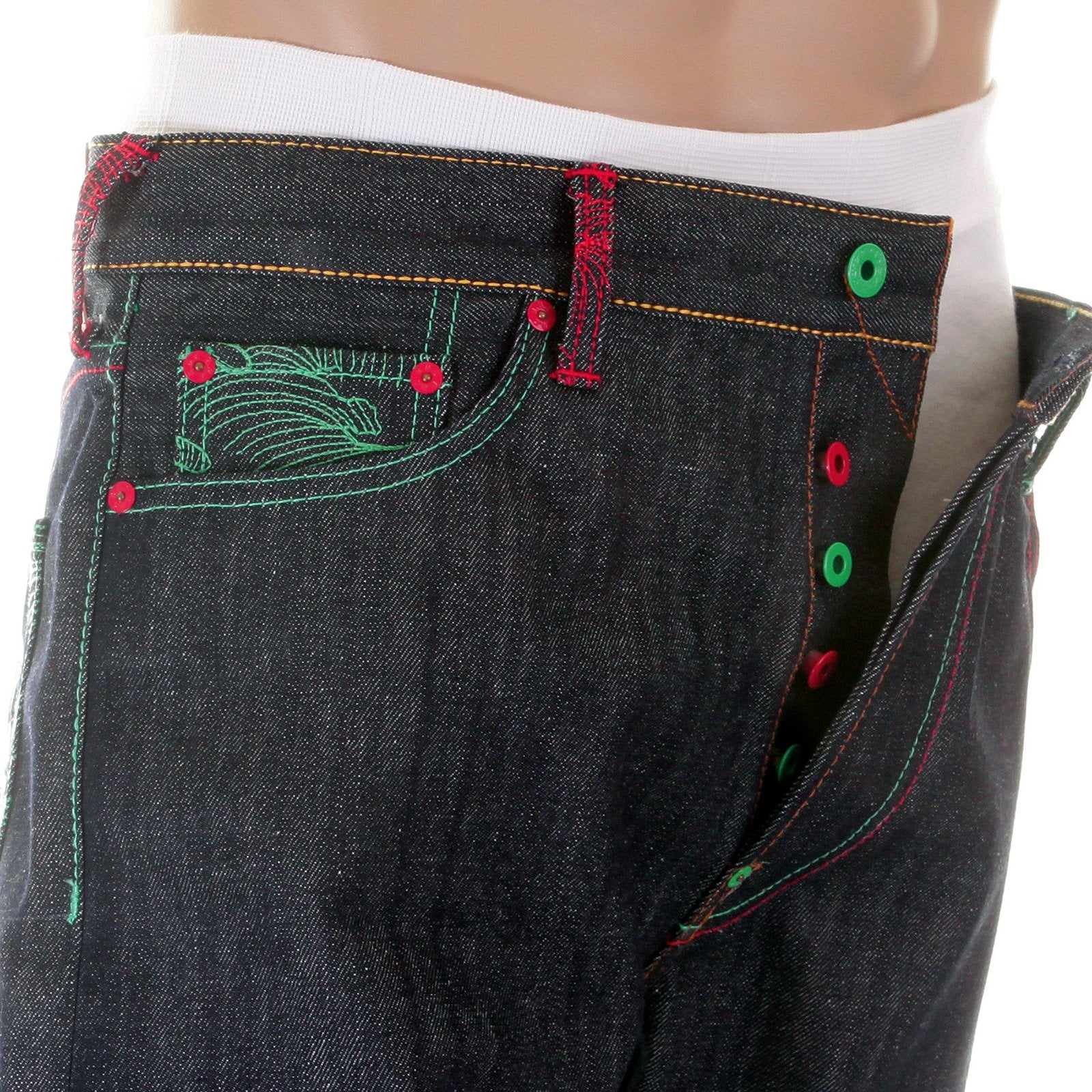 RMC MARTIN KSOHOH MAD PATCH SCARLET AND GREEN EMBROIDERED DARK INDIGO RAW DENIM JEANS WITH VINTAGE CUT REDM3127
