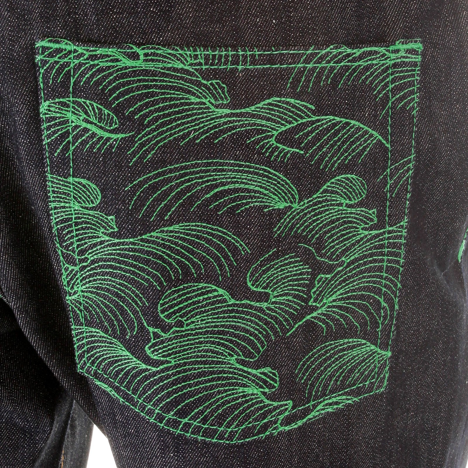 RMC MARTIN KSOHOH MAD PATCH SCARLET AND GREEN EMBROIDERED DARK INDIGO RAW DENIM JEANS WITH VINTAGE CUT REDM3127