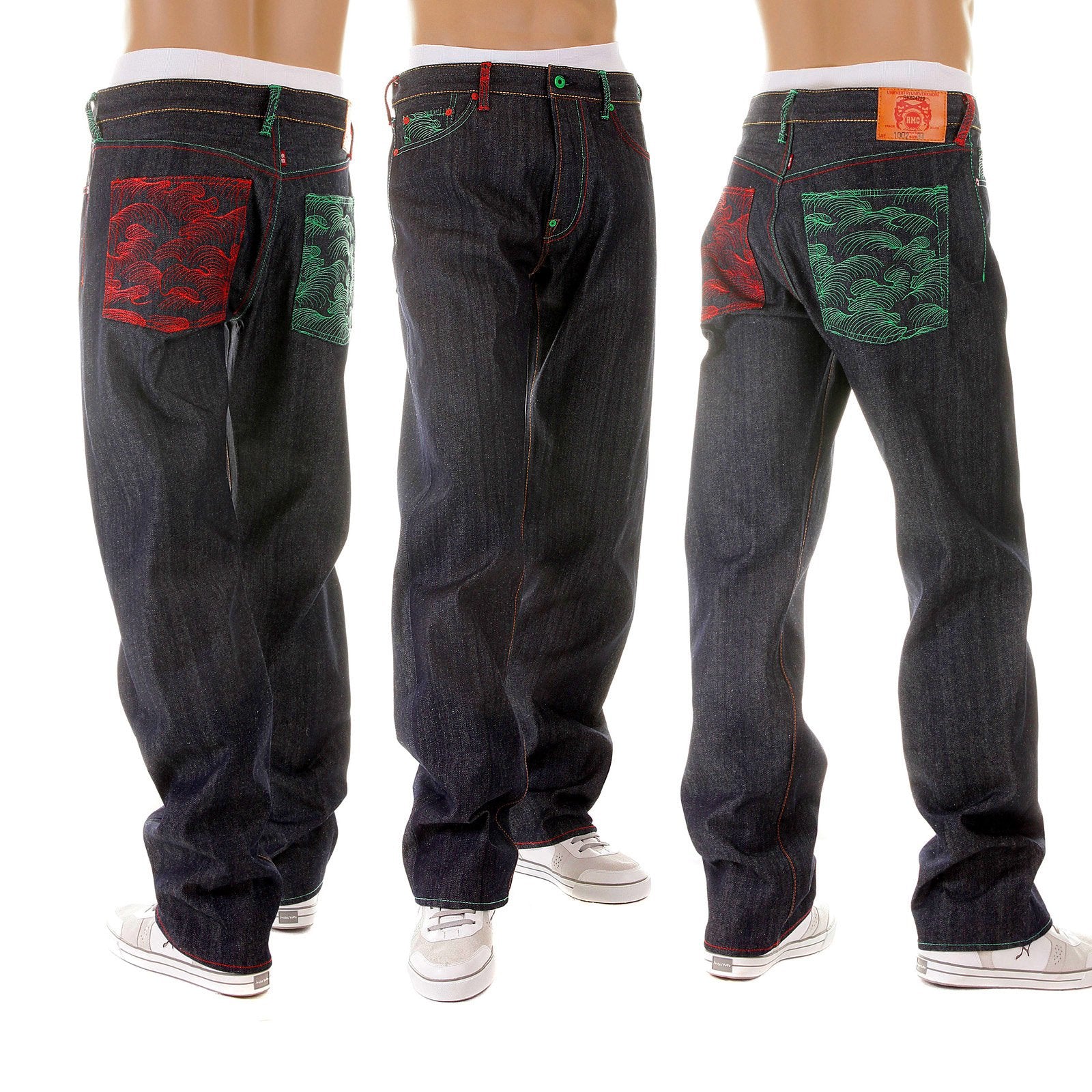 RMC MARTIN KSOHOH MAD PATCH SCARLET AND GREEN EMBROIDERED DARK INDIGO RAW DENIM JEANS WITH VINTAGE CUT REDM3127