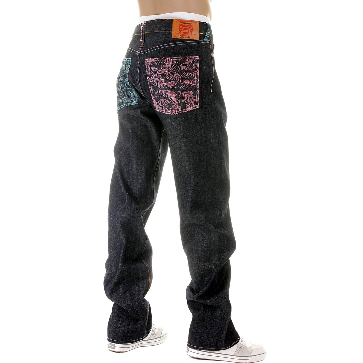 RMC MARTIN KSOHOH DARK INDIGO VINTAGE CUT SELVEDGE RAW DENIM JEANS WITH LAKE BLUE AND PINK EMBROIDERY REDM3132