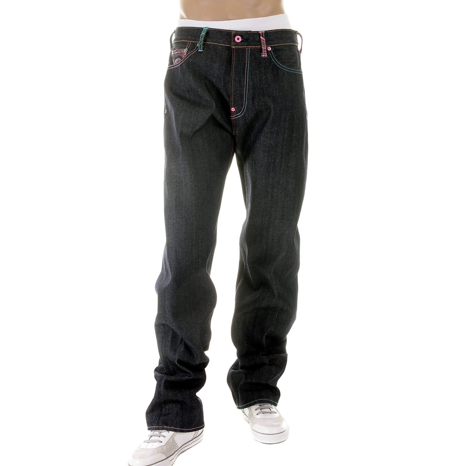 RMC MARTIN KSOHOH DARK INDIGO VINTAGE CUT SELVEDGE RAW DENIM JEANS WITH LAKE BLUE AND PINK EMBROIDERY REDM3132