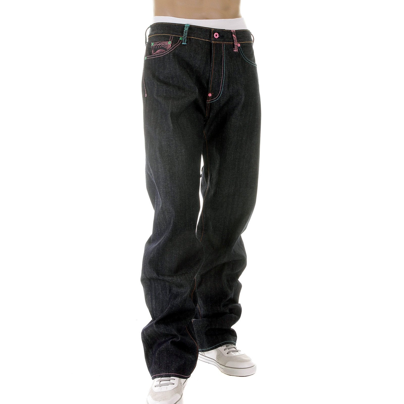RMC MARTIN KSOHOH DARK INDIGO VINTAGE CUT SELVEDGE RAW DENIM JEANS WITH LAKE BLUE AND PINK EMBROIDERY REDM3132