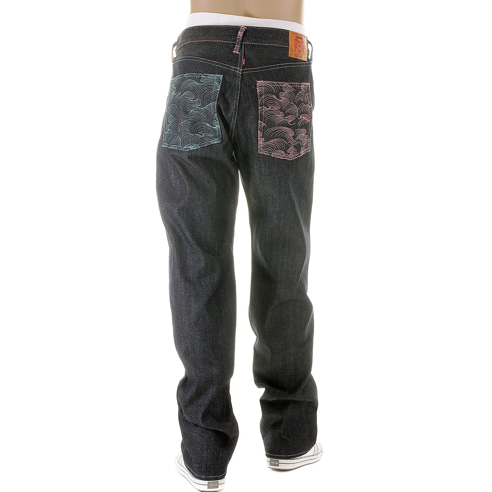 RMC MARTIN KSOHOH DARK INDIGO VINTAGE CUT SELVEDGE RAW DENIM JEANS WITH LAKE BLUE AND PINK EMBROIDERY REDM3132