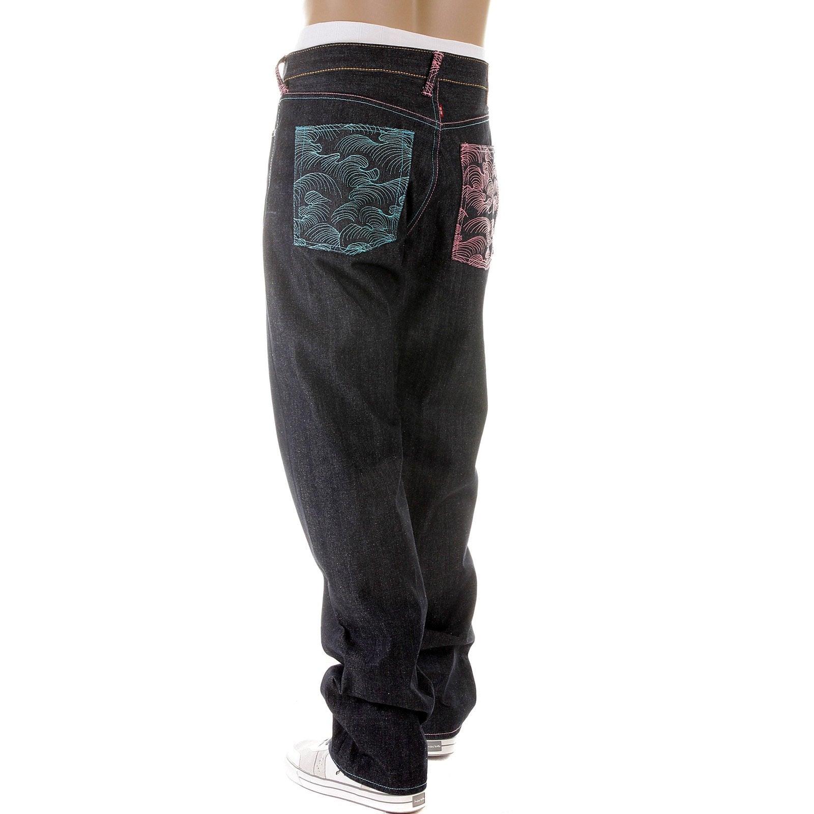RMC MARTIN KSOHOH DARK INDIGO VINTAGE CUT SELVEDGE RAW DENIM JEANS WITH LAKE BLUE AND PINK EMBROIDERY REDM3132