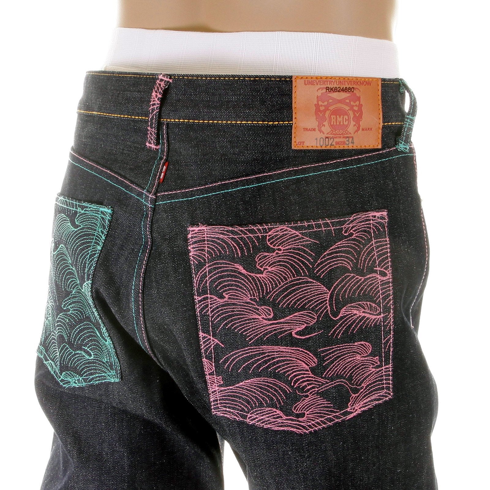 RMC MARTIN KSOHOH DARK INDIGO VINTAGE CUT SELVEDGE RAW DENIM JEANS WITH LAKE BLUE AND PINK EMBROIDERY REDM3132