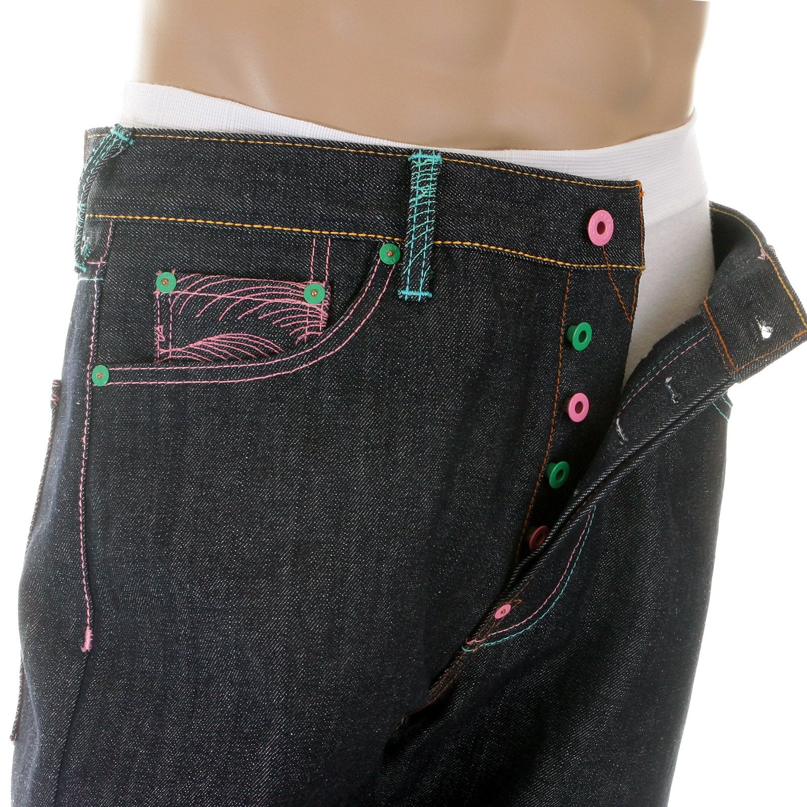 RMC MARTIN KSOHOH DARK INDIGO VINTAGE CUT SELVEDGE RAW DENIM JEANS WITH LAKE BLUE AND PINK EMBROIDERY REDM3132