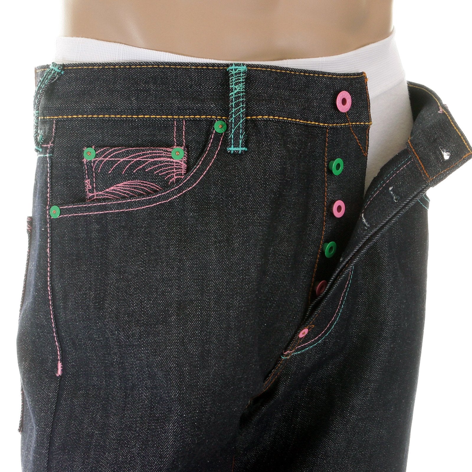 RMC MARTIN KSOHOH DARK INDIGO VINTAGE CUT SELVEDGE RAW DENIM JEANS WITH LAKE BLUE AND PINK EMBROIDERY REDM3132
