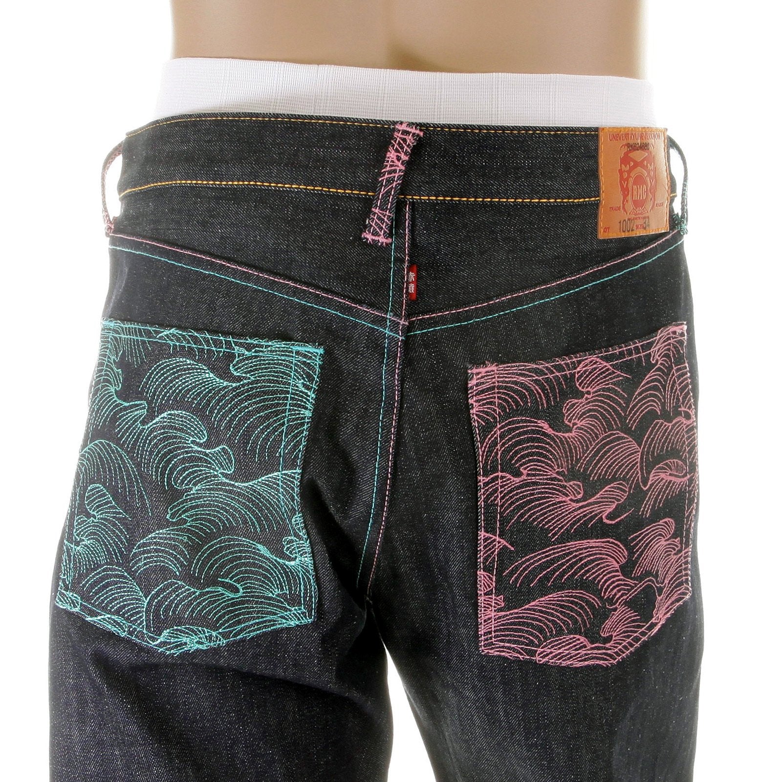 RMC MARTIN KSOHOH DARK INDIGO VINTAGE CUT SELVEDGE RAW DENIM JEANS WITH LAKE BLUE AND PINK EMBROIDERY REDM3132