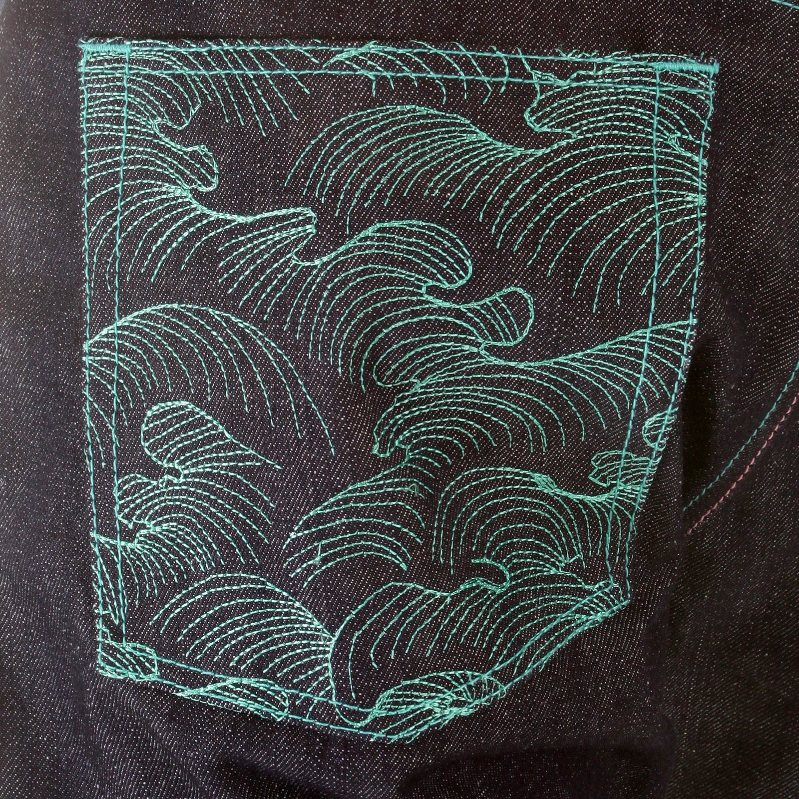 RMC MARTIN KSOHOH DARK INDIGO VINTAGE CUT SELVEDGE RAW DENIM JEANS WITH LAKE BLUE AND PINK EMBROIDERY REDM3132
