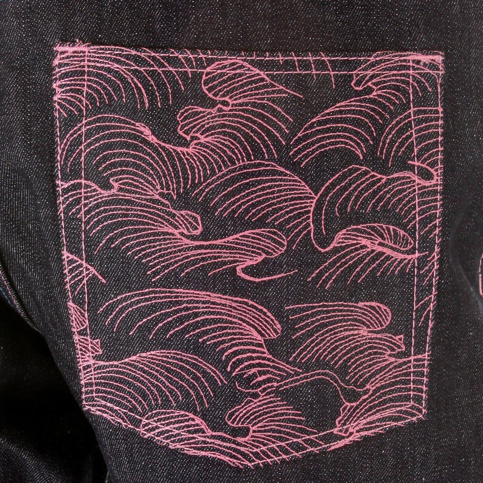 RMC MARTIN KSOHOH DARK INDIGO VINTAGE CUT SELVEDGE RAW DENIM JEANS WITH LAKE BLUE AND PINK EMBROIDERY REDM3132
