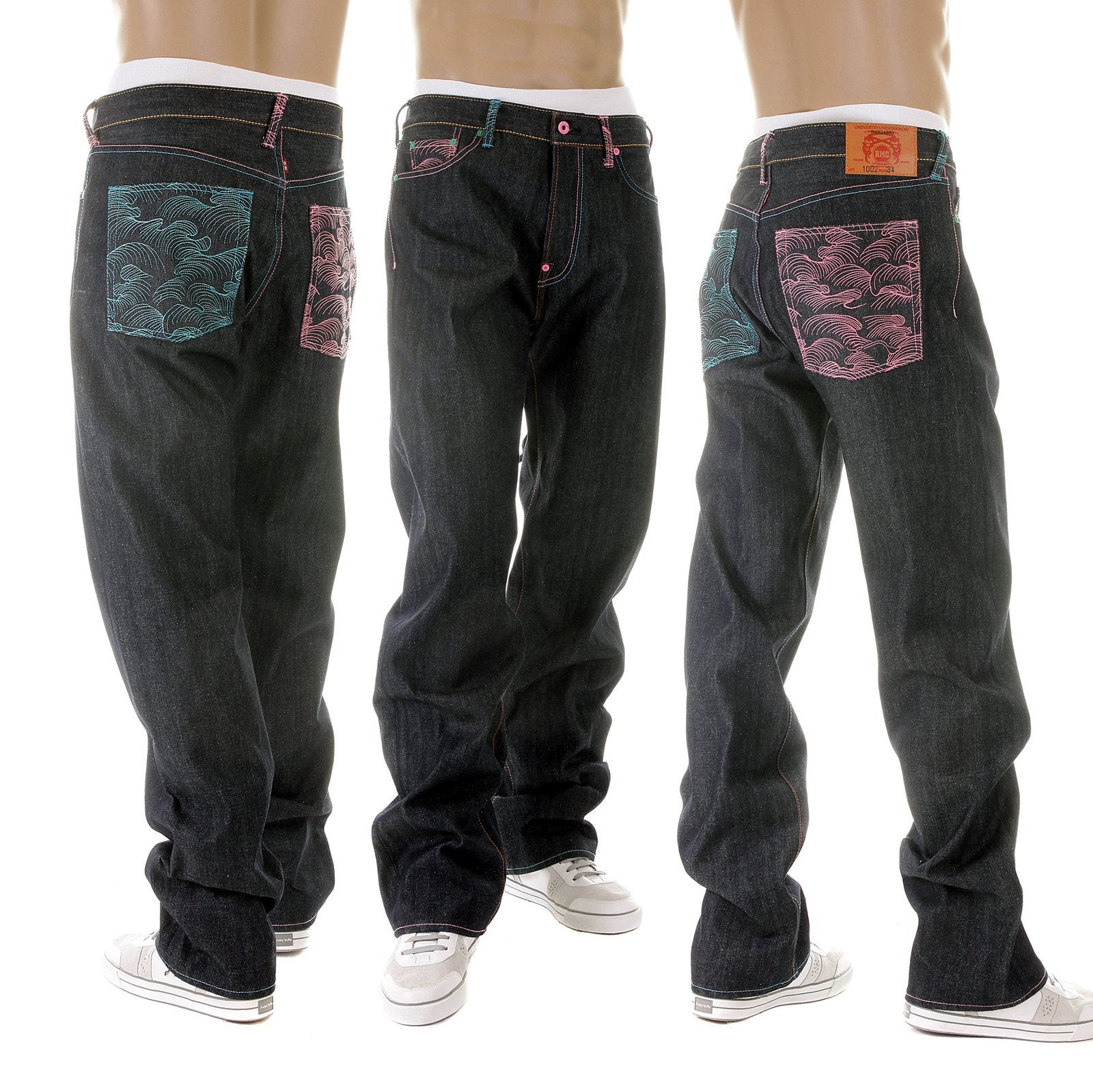 RMC MARTIN KSOHOH DARK INDIGO VINTAGE CUT SELVEDGE RAW DENIM JEANS WITH LAKE BLUE AND PINK EMBROIDERY REDM3132