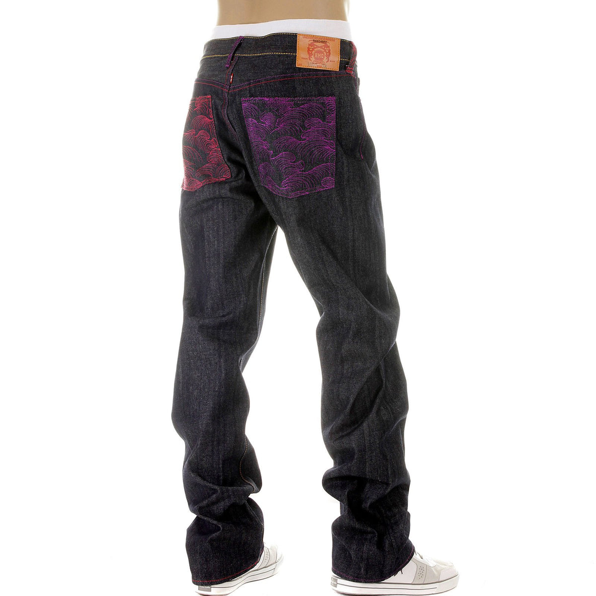 RMC MARTIN KSOHOH MAD PATCH FUSCIA AND VIOLET EMBROIDERED DARK INDIGO RAW DENIM JEANS WITH VINTAGE CUT REDM3142