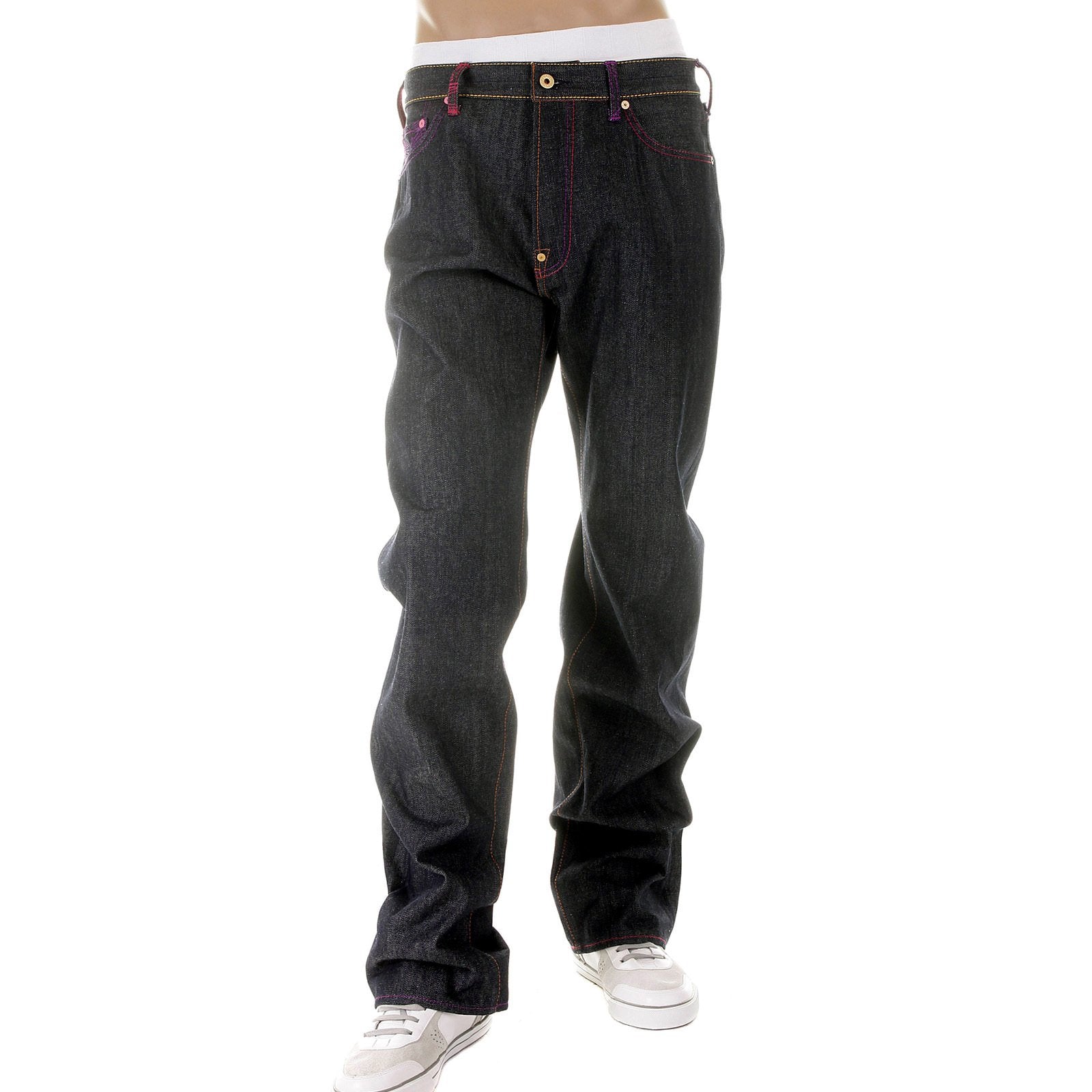 RMC MARTIN KSOHOH MAD PATCH FUSCIA AND VIOLET EMBROIDERED DARK INDIGO RAW DENIM JEANS WITH VINTAGE CUT REDM3142
