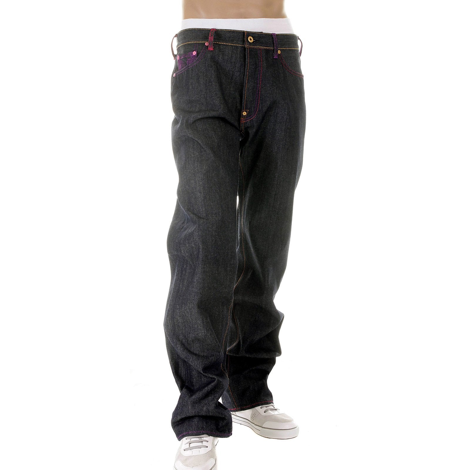 RMC MARTIN KSOHOH MAD PATCH FUSCIA AND VIOLET EMBROIDERED DARK INDIGO RAW DENIM JEANS WITH VINTAGE CUT REDM3142