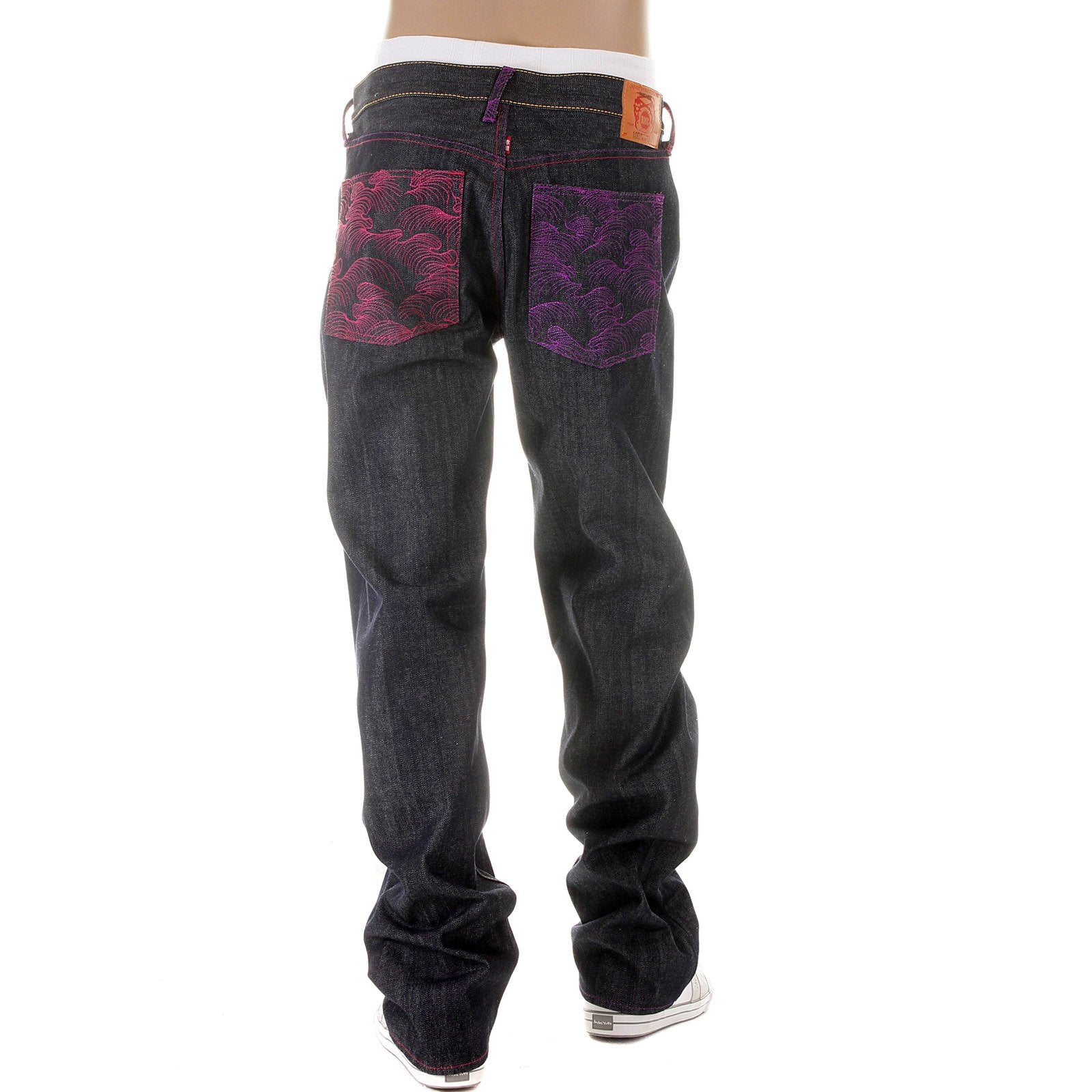 RMC MARTIN KSOHOH MAD PATCH FUSCIA AND VIOLET EMBROIDERED DARK INDIGO RAW DENIM JEANS WITH VINTAGE CUT REDM3142