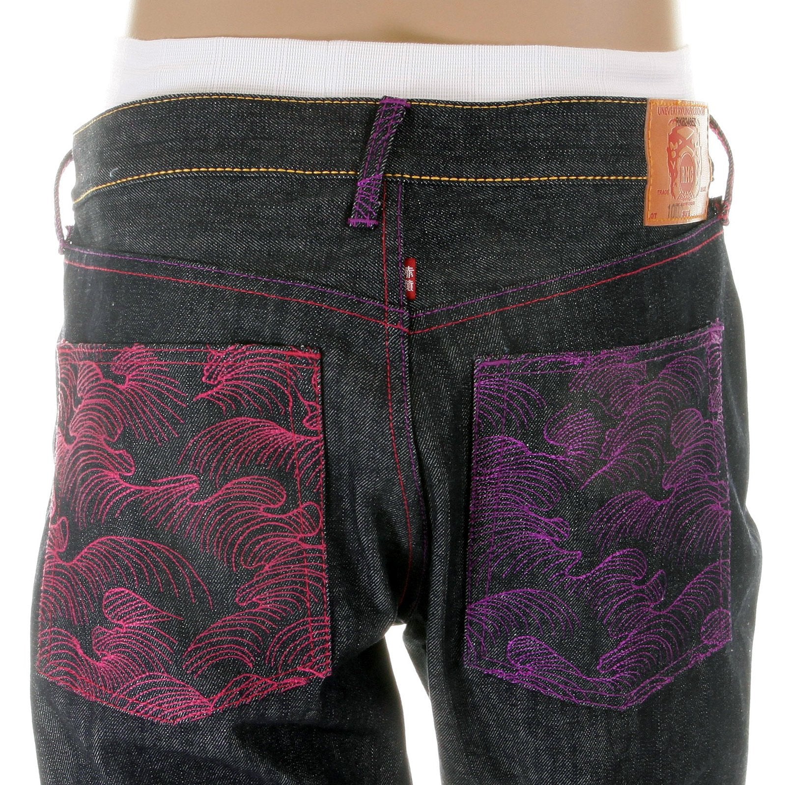 RMC MARTIN KSOHOH MAD PATCH FUSCIA AND VIOLET EMBROIDERED DARK INDIGO RAW DENIM JEANS WITH VINTAGE CUT REDM3142