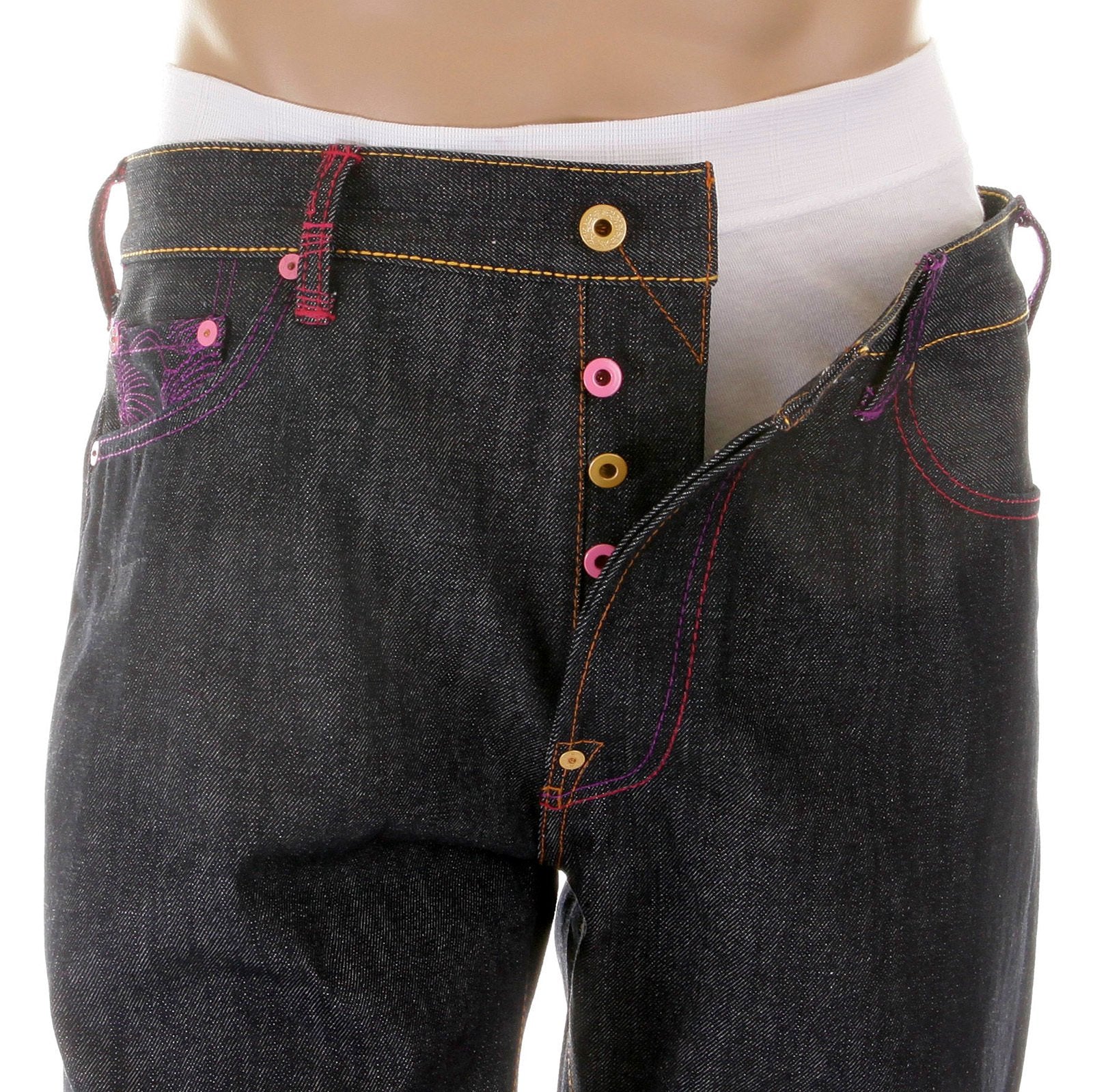 RMC MARTIN KSOHOH MAD PATCH FUSCIA AND VIOLET EMBROIDERED DARK INDIGO RAW DENIM JEANS WITH VINTAGE CUT REDM3142