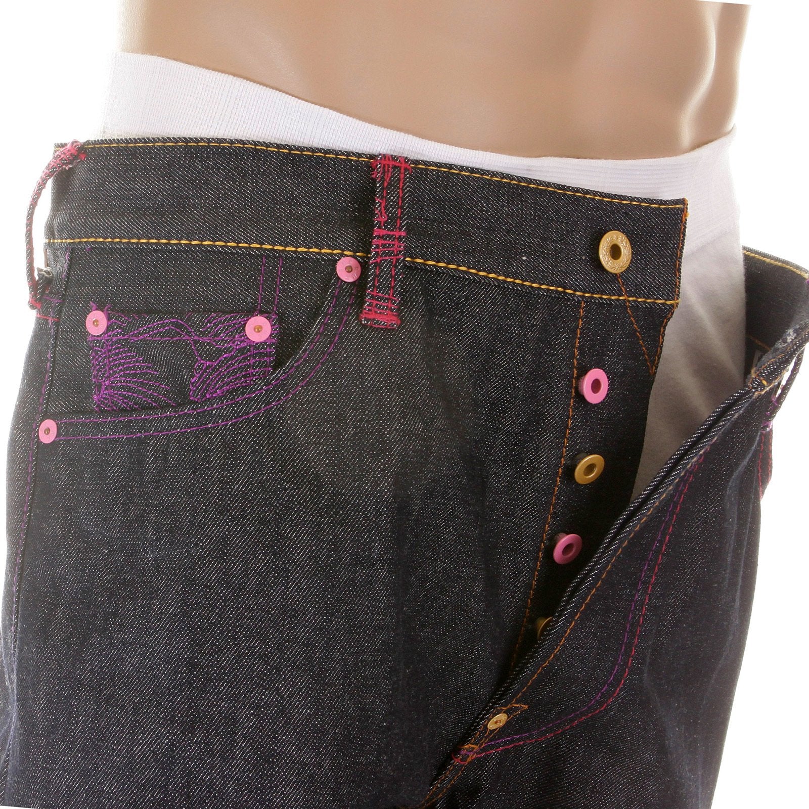 RMC MARTIN KSOHOH MAD PATCH FUSCIA AND VIOLET EMBROIDERED DARK INDIGO RAW DENIM JEANS WITH VINTAGE CUT REDM3142