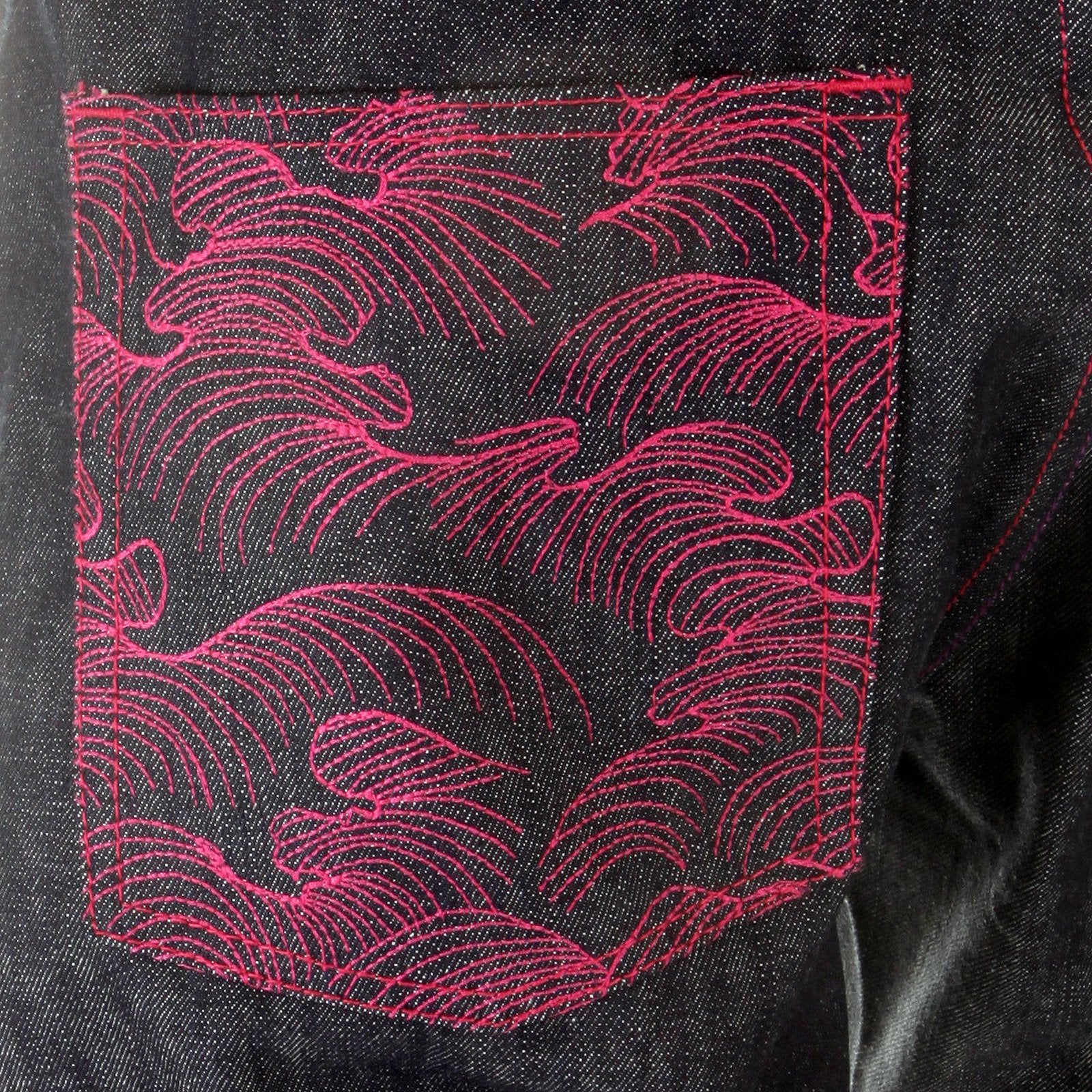 RMC MARTIN KSOHOH MAD PATCH FUSCIA AND VIOLET EMBROIDERED DARK INDIGO RAW DENIM JEANS WITH VINTAGE CUT REDM3142