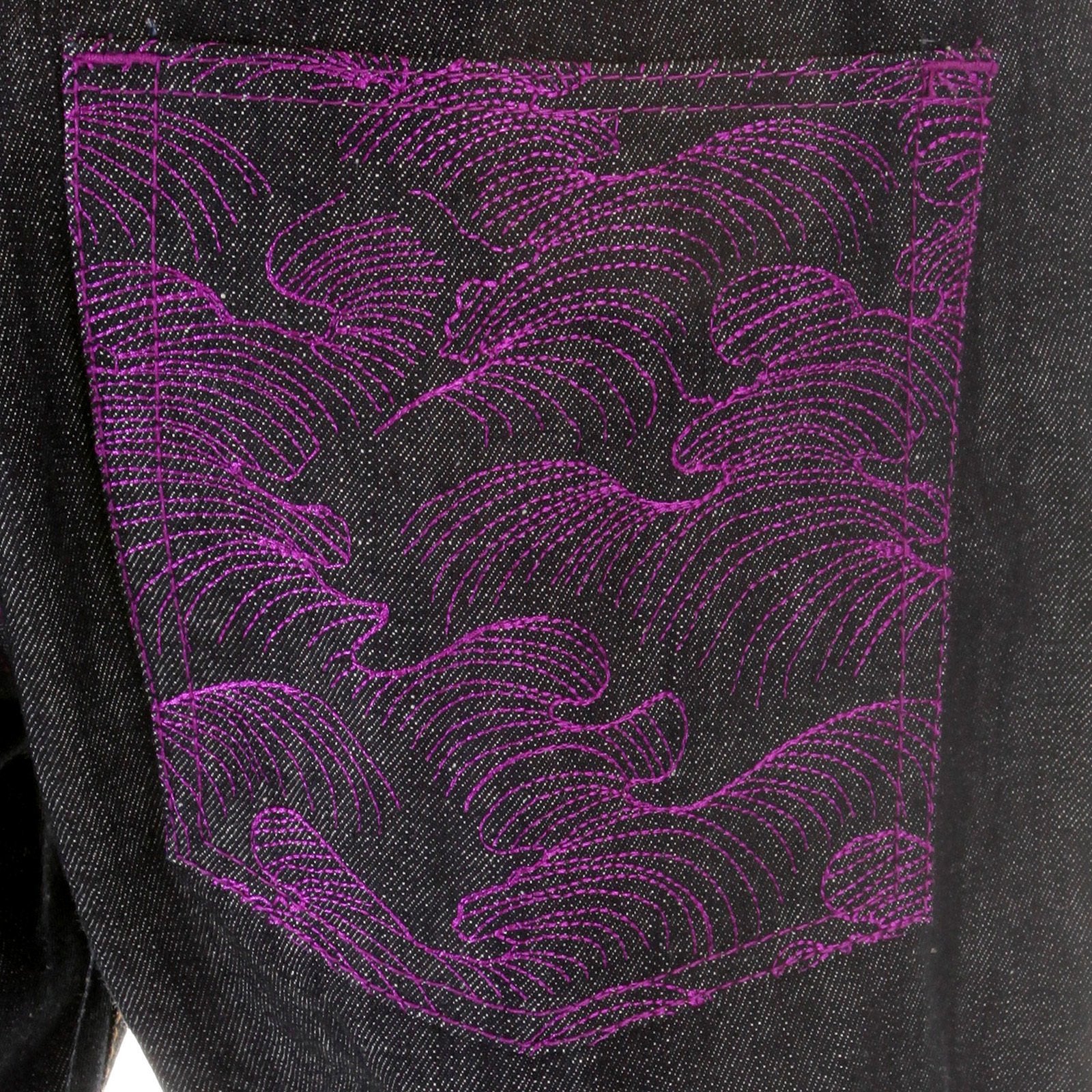 RMC MARTIN KSOHOH MAD PATCH FUSCIA AND VIOLET EMBROIDERED DARK INDIGO RAW DENIM JEANS WITH VINTAGE CUT REDM3142