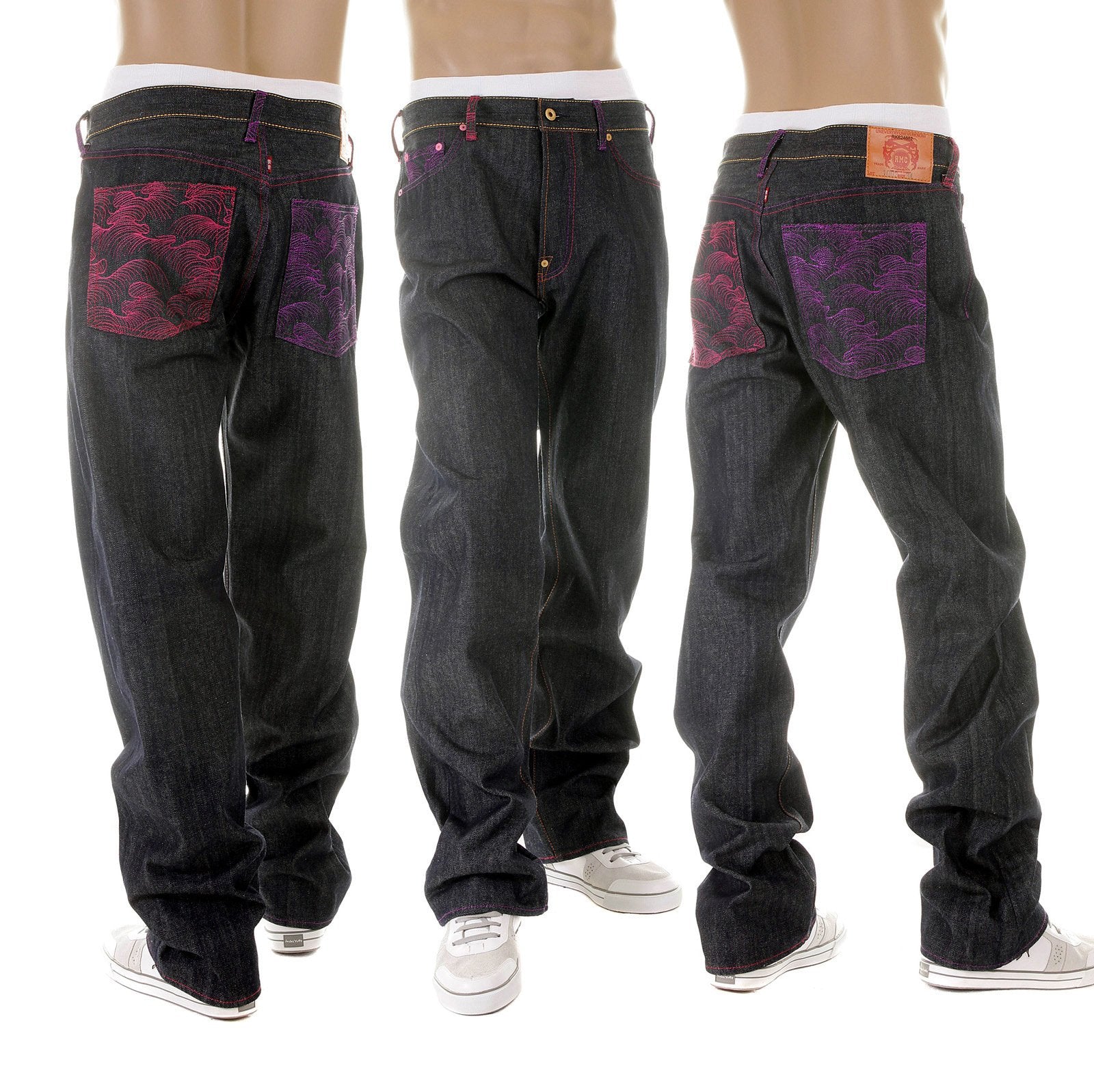 RMC MARTIN KSOHOH MAD PATCH FUSCIA AND VIOLET EMBROIDERED DARK INDIGO RAW DENIM JEANS WITH VINTAGE CUT REDM3142