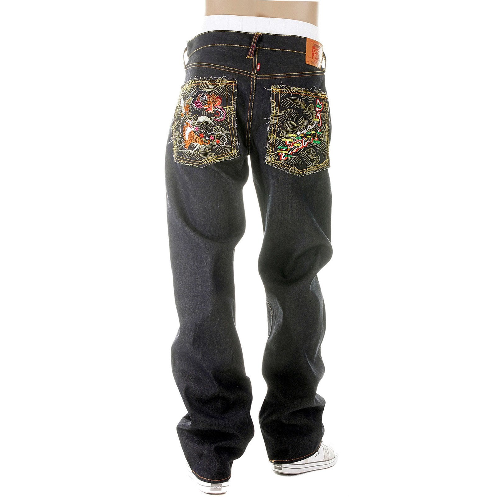 RMC MARTIN KSOHOH MENS VINTAGE CUT DARK INDIGO RAW DENIM JEANS WITH DRAGON AND JAPAN MAP EMBROIDERY REDM2891