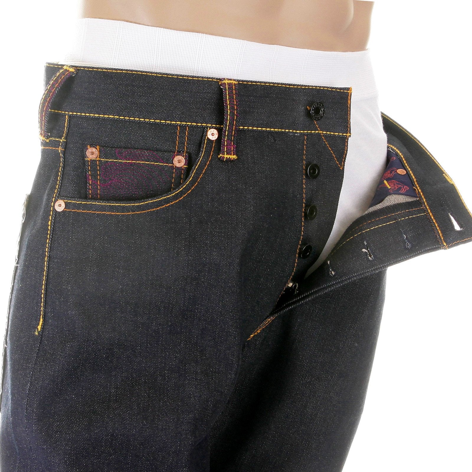RMC MARTIN KSOHOH MENS VINTAGE CUT DARK INDIGO RAW DENIM JEANS WITH DRAGON AND JAPAN MAP EMBROIDERY REDM2891