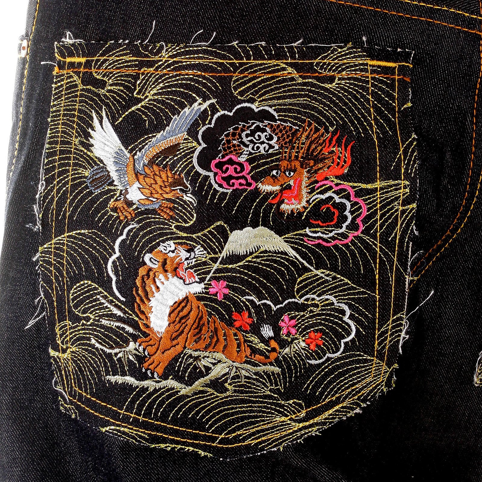 RMC MARTIN KSOHOH MENS VINTAGE CUT DARK INDIGO RAW DENIM JEANS WITH DRAGON AND JAPAN MAP EMBROIDERY REDM2891