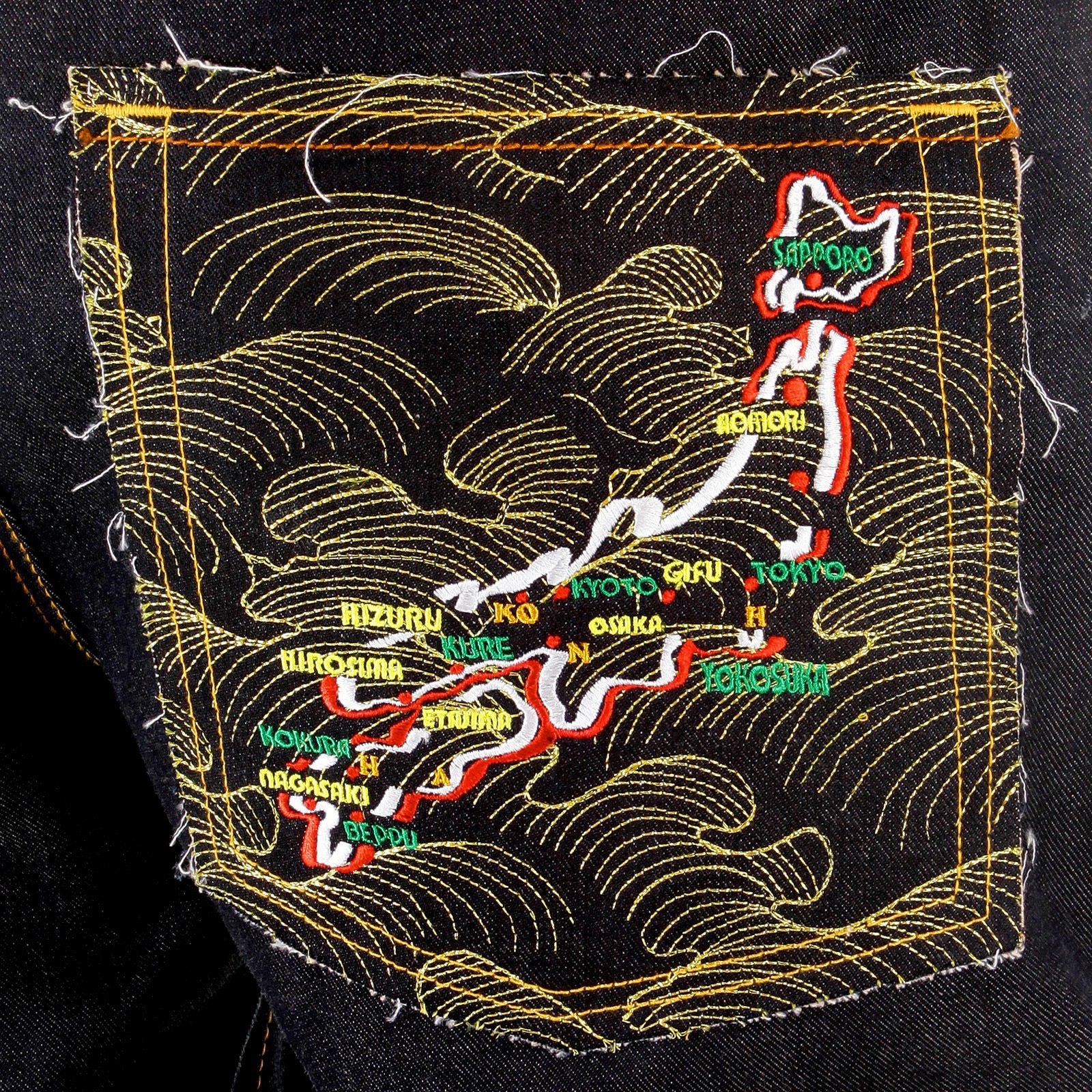 RMC MARTIN KSOHOH MENS VINTAGE CUT DARK INDIGO RAW DENIM JEANS WITH DRAGON AND JAPAN MAP EMBROIDERY REDM2891