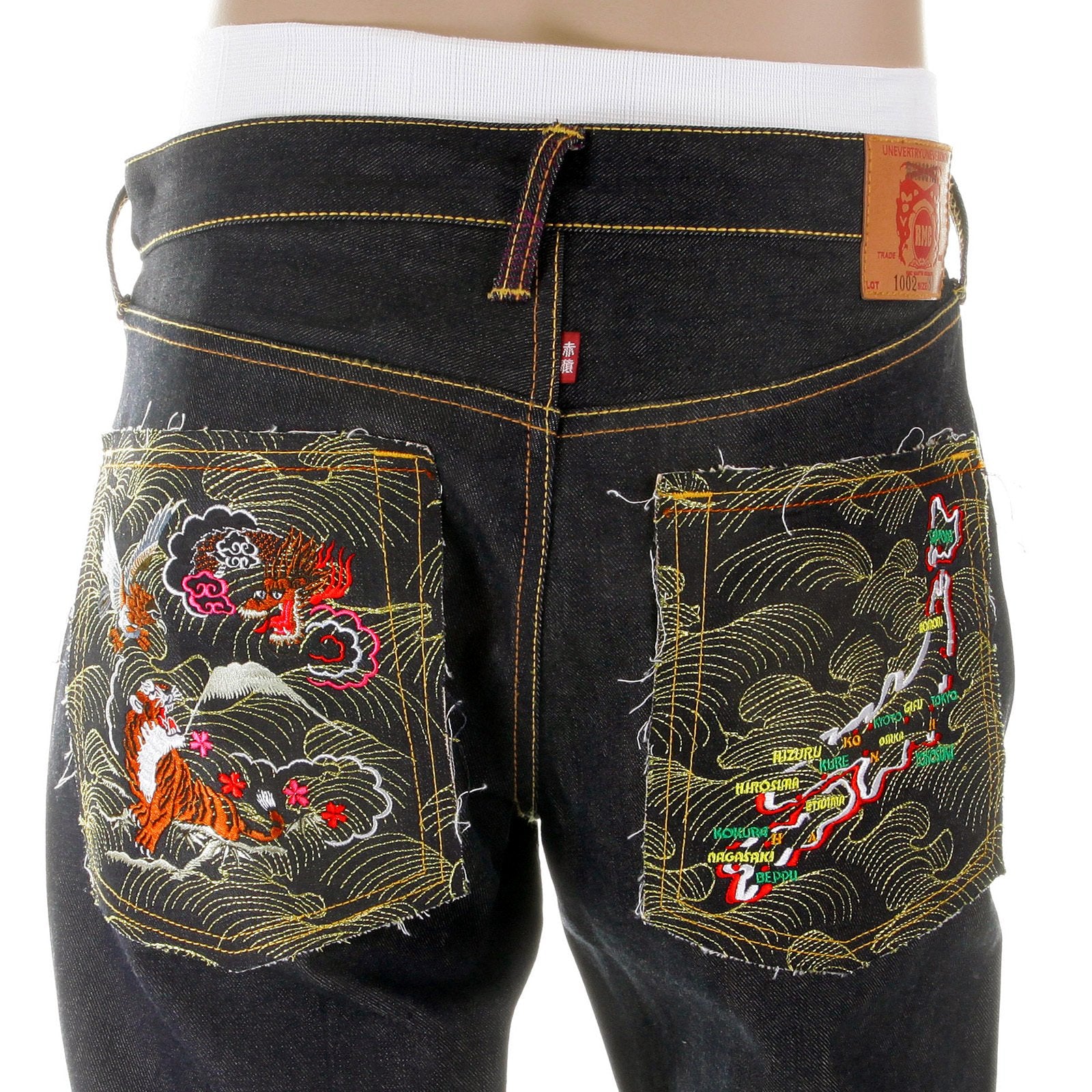RMC MARTIN KSOHOH MENS VINTAGE CUT DARK INDIGO RAW DENIM JEANS WITH DRAGON AND JAPAN MAP EMBROIDERY REDM2891