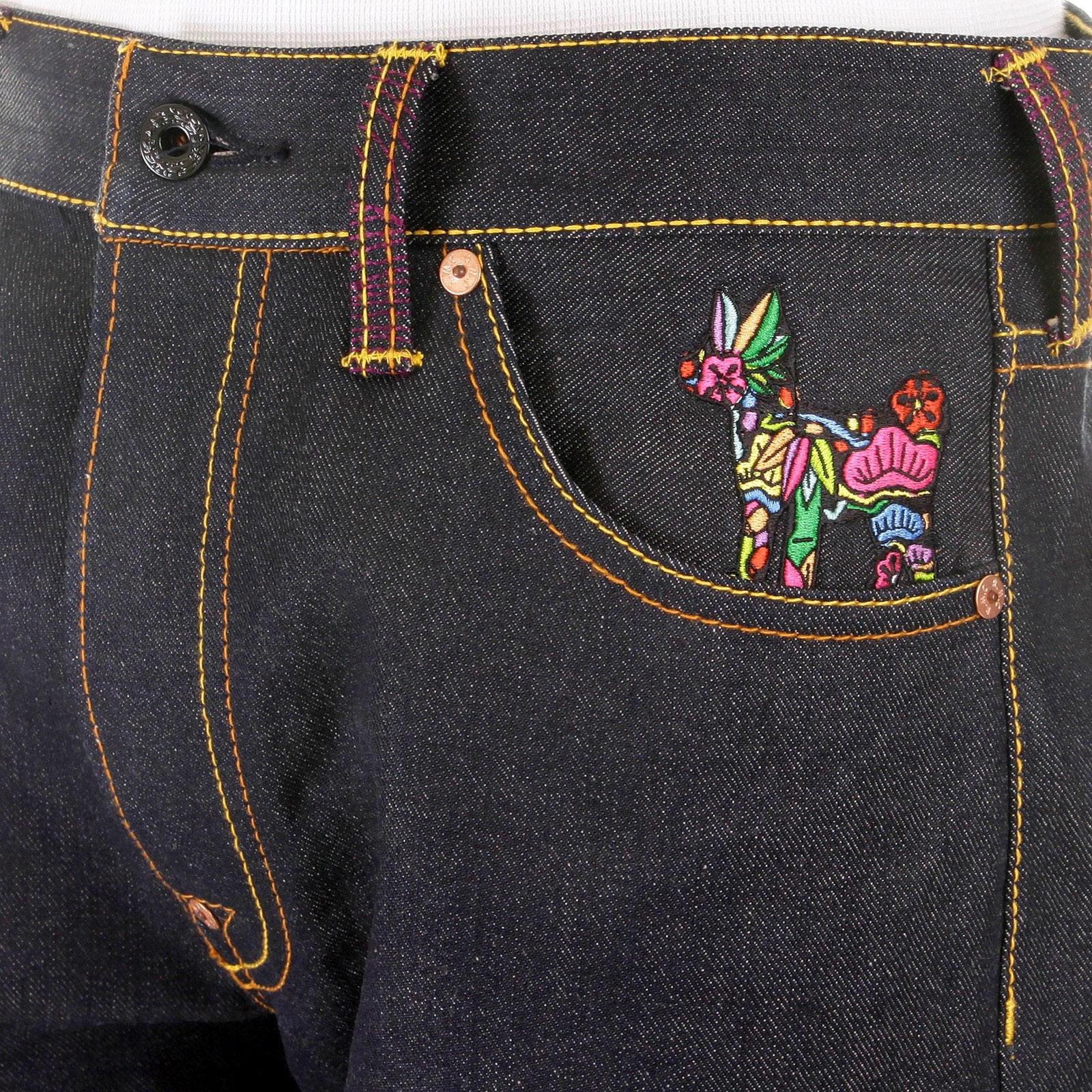 RMC MARTIN KSOHOH MENS VINTAGE CUT DARK INDIGO RAW DENIM JEANS WITH DRAGON AND JAPAN MAP EMBROIDERY REDM2891