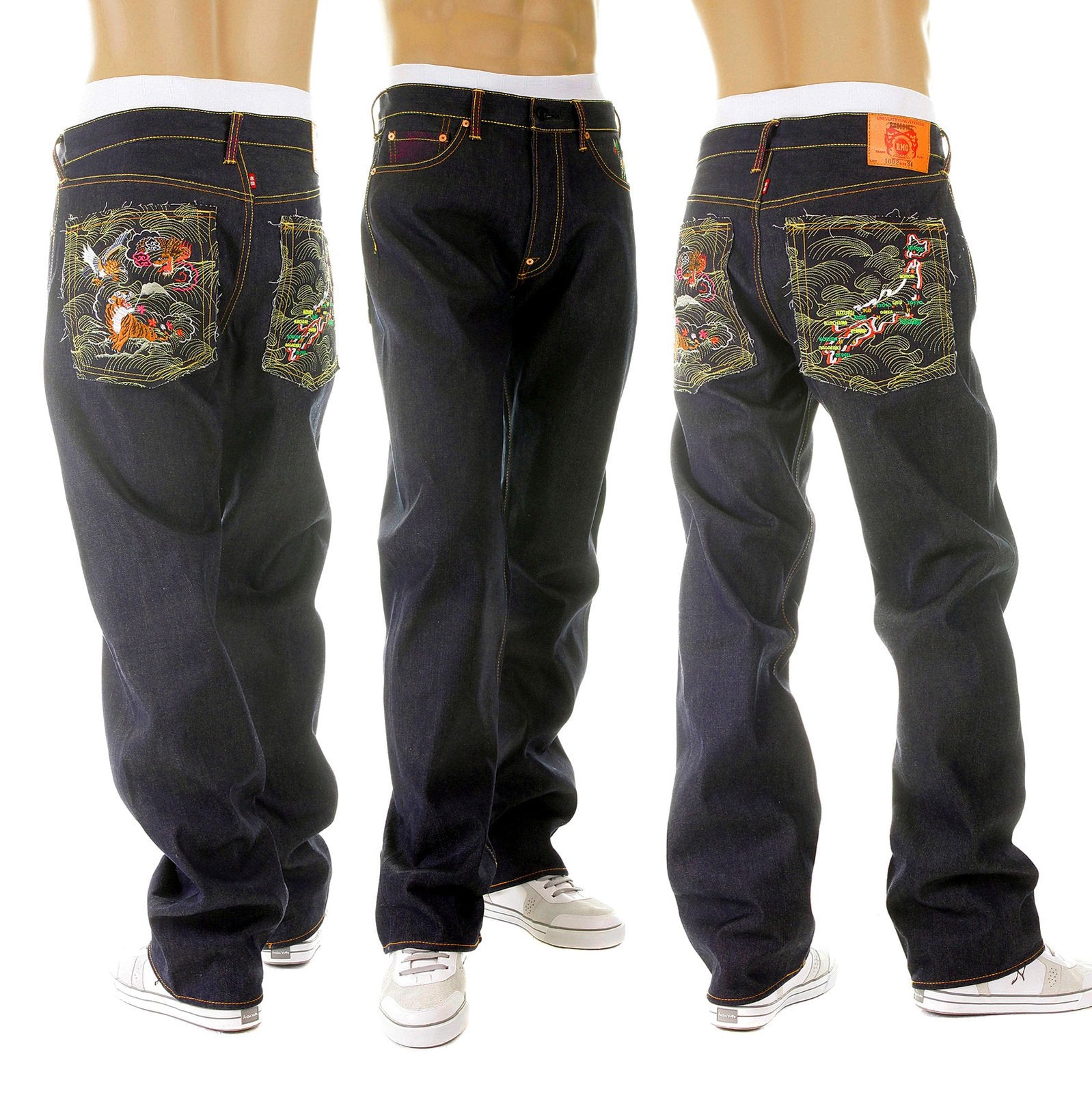 RMC MARTIN KSOHOH MENS VINTAGE CUT DARK INDIGO RAW DENIM JEANS WITH DRAGON AND JAPAN MAP EMBROIDERY REDM2891