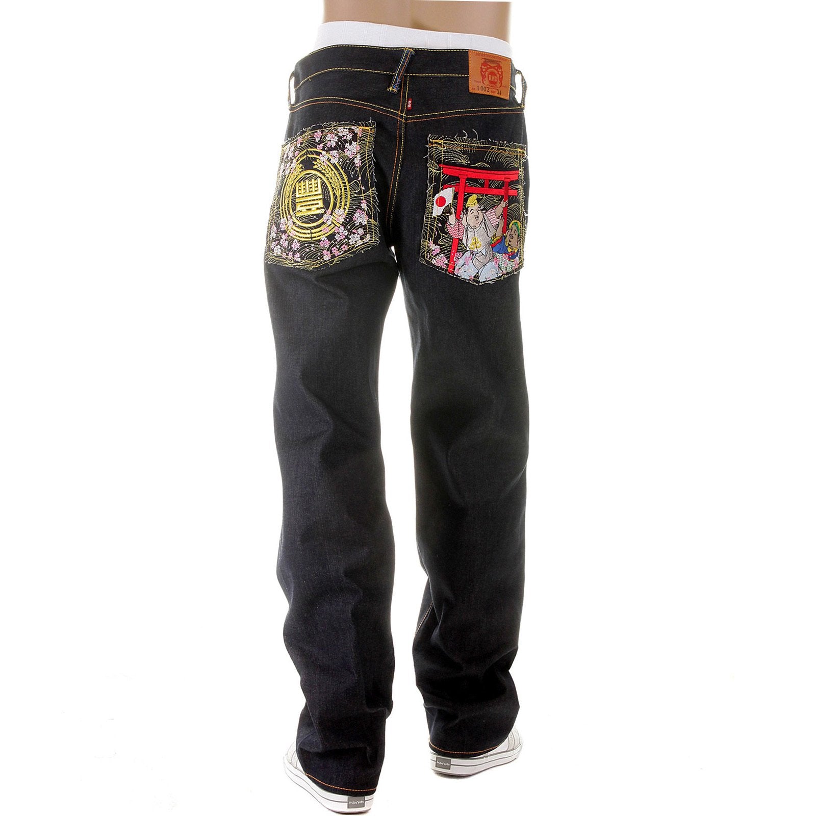 RMC MARTIN KSOHOH VINTAGE CUT HOUSE SELVEDGE DARK INDIGO RAW DENIM JEANS WITH HARVEST BUDDHA EMBROIDERY REDM2893