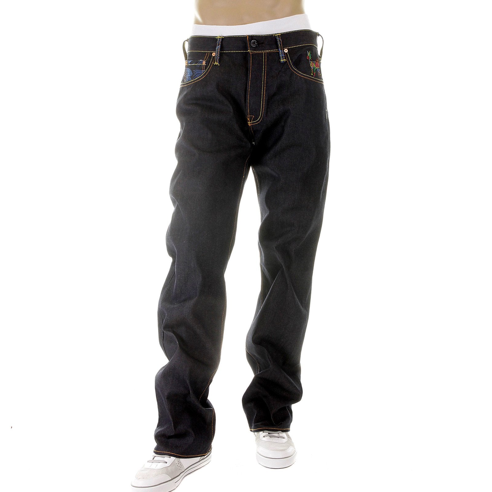 RMC MARTIN KSOHOH VINTAGE CUT HOUSE SELVEDGE DARK INDIGO RAW DENIM JEANS WITH HARVEST BUDDHA EMBROIDERY REDM2893