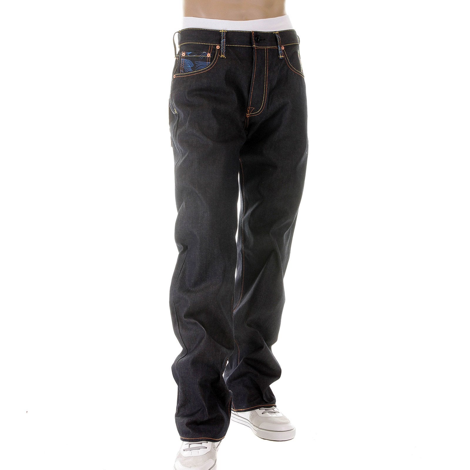 RMC MARTIN KSOHOH VINTAGE CUT HOUSE SELVEDGE DARK INDIGO RAW DENIM JEANS WITH HARVEST BUDDHA EMBROIDERY REDM2893